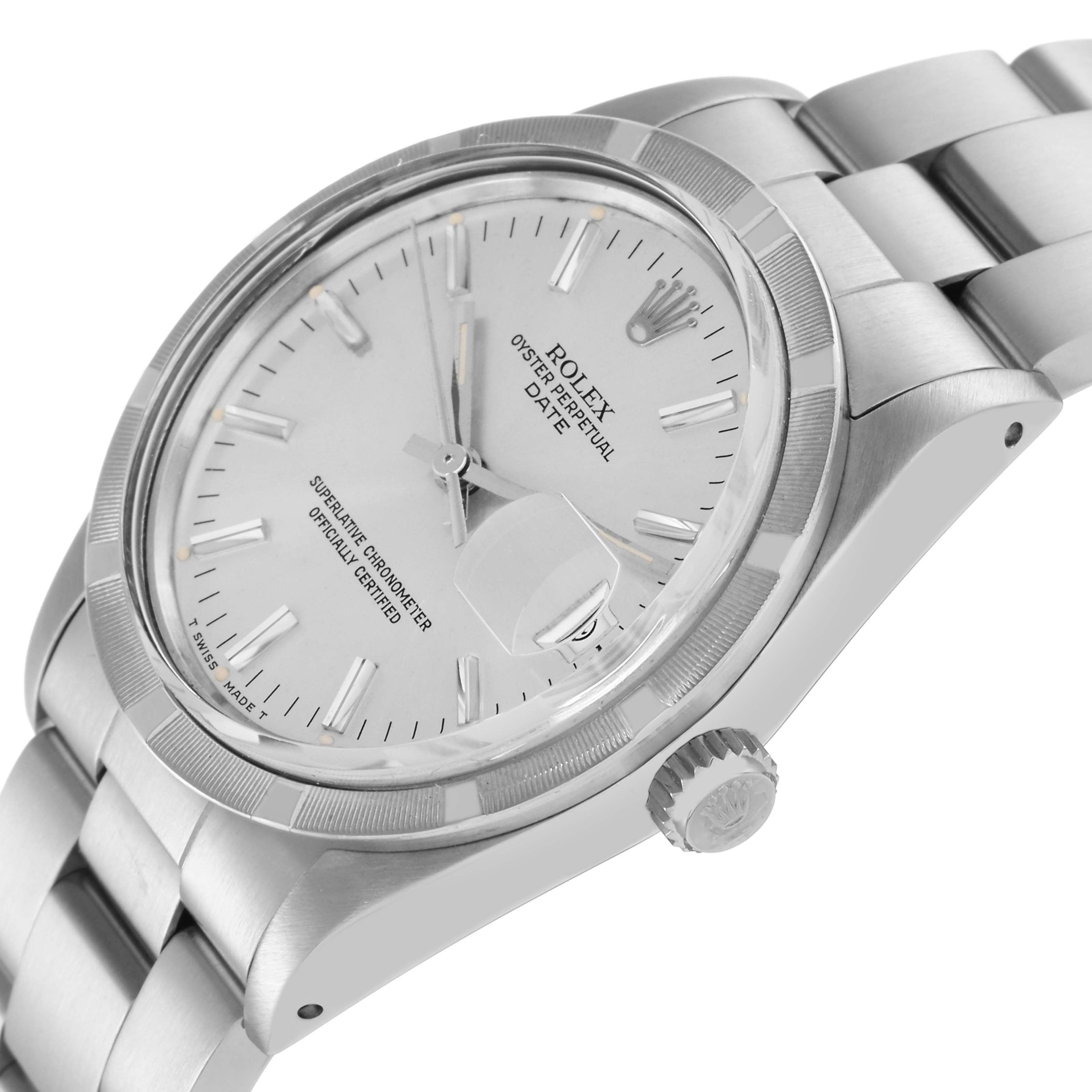 The Rolex Date 15010 Men's Stainless Steel Silver Dial 15010 Men's Stainless Steel Silver Dial model watch is shown at a three-quarter angle, highlighting the dial, bezel, crown, and part of the bracelet.
