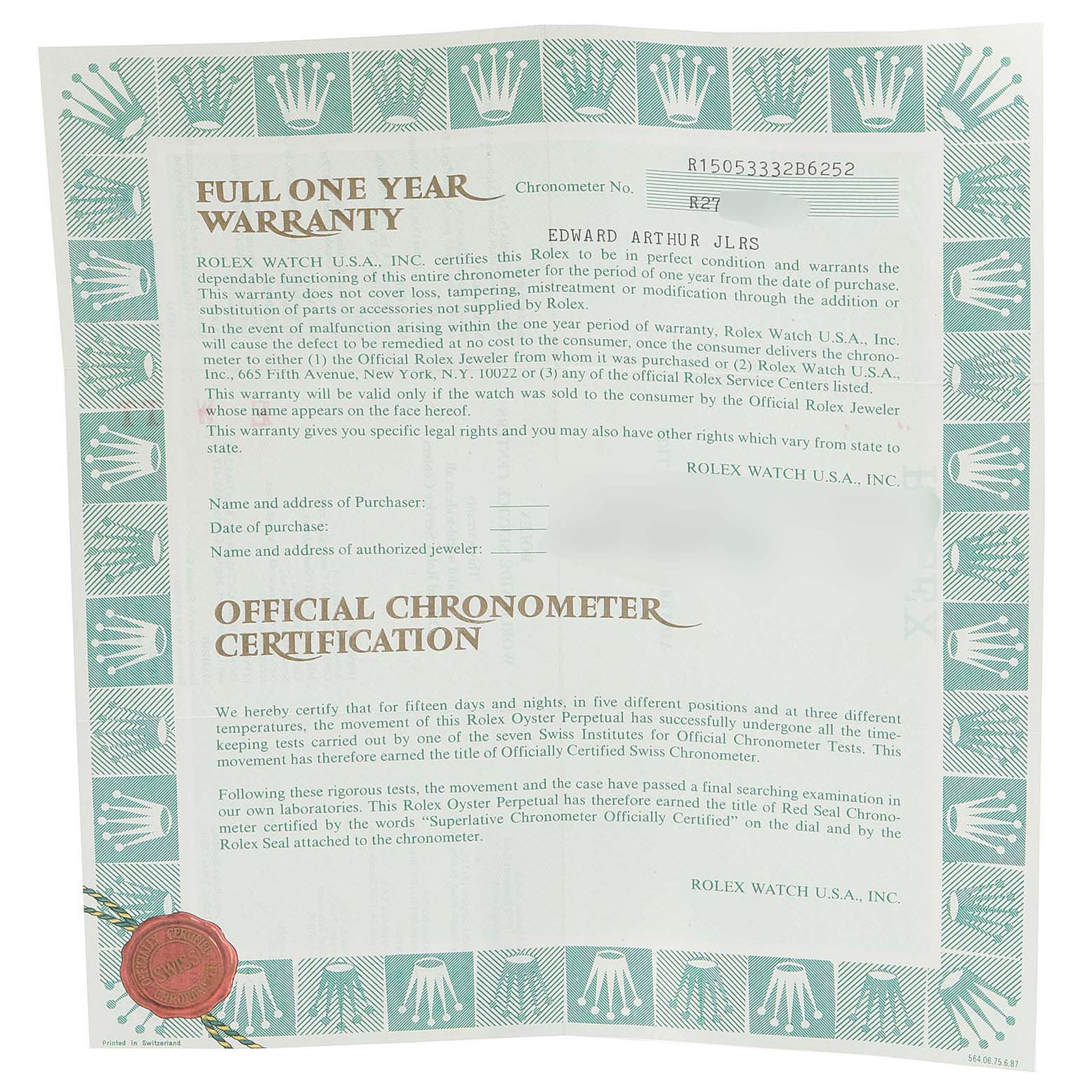 This image shows a full one-year warranty documentation and official chronometer certification for a Rolex Date 15053 Men's Steel and Gold (two tone) Champagne Dial 15053 Men's Steel and Gold (two tone) Champagne Dial model watch.