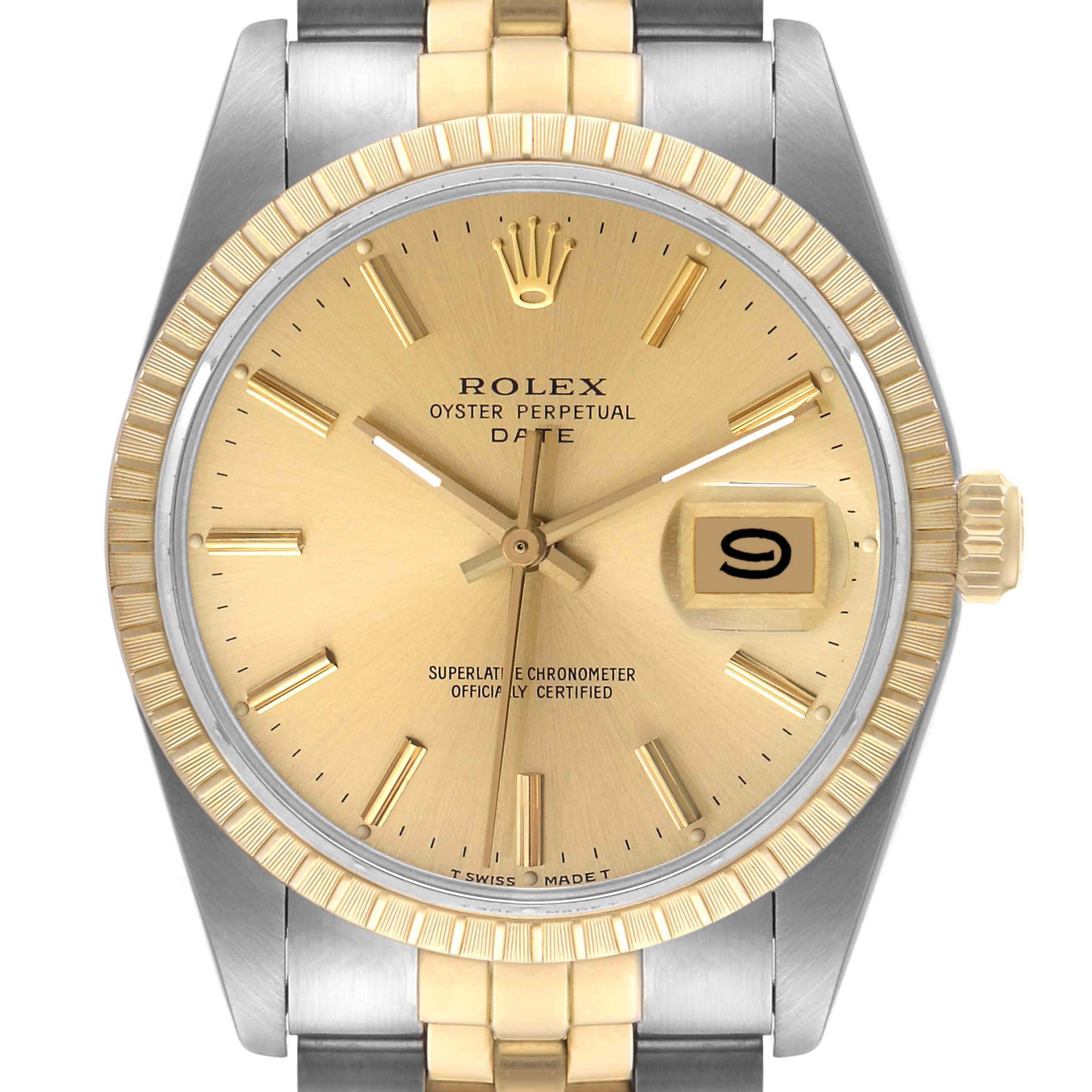 This is a head-on view of the Rolex Date 15053 Men's Steel and Gold (two tone) Champagne Dial 15053 Men's Steel and Gold (two tone) Champagne Dial watch, showing its gold dial, date window, and two-tone bracelet.