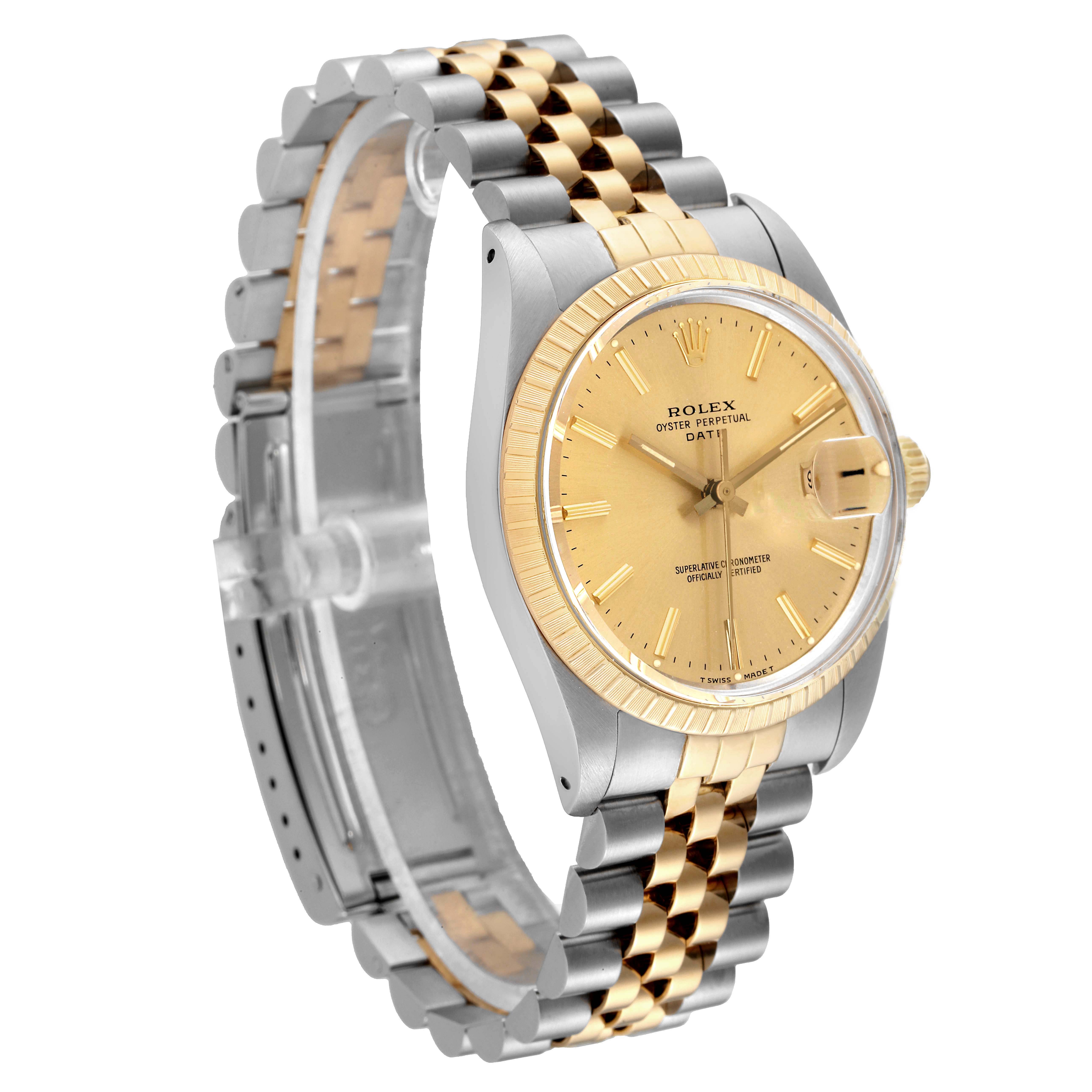 The image shows a side and front angle of the Rolex Date 15053 Men's Steel and Gold (two tone) Champagne Dial 15053 Men's Steel and Gold (two tone) Champagne Dial model, showcasing its gold bezel, dial, and two-tone bracelet.