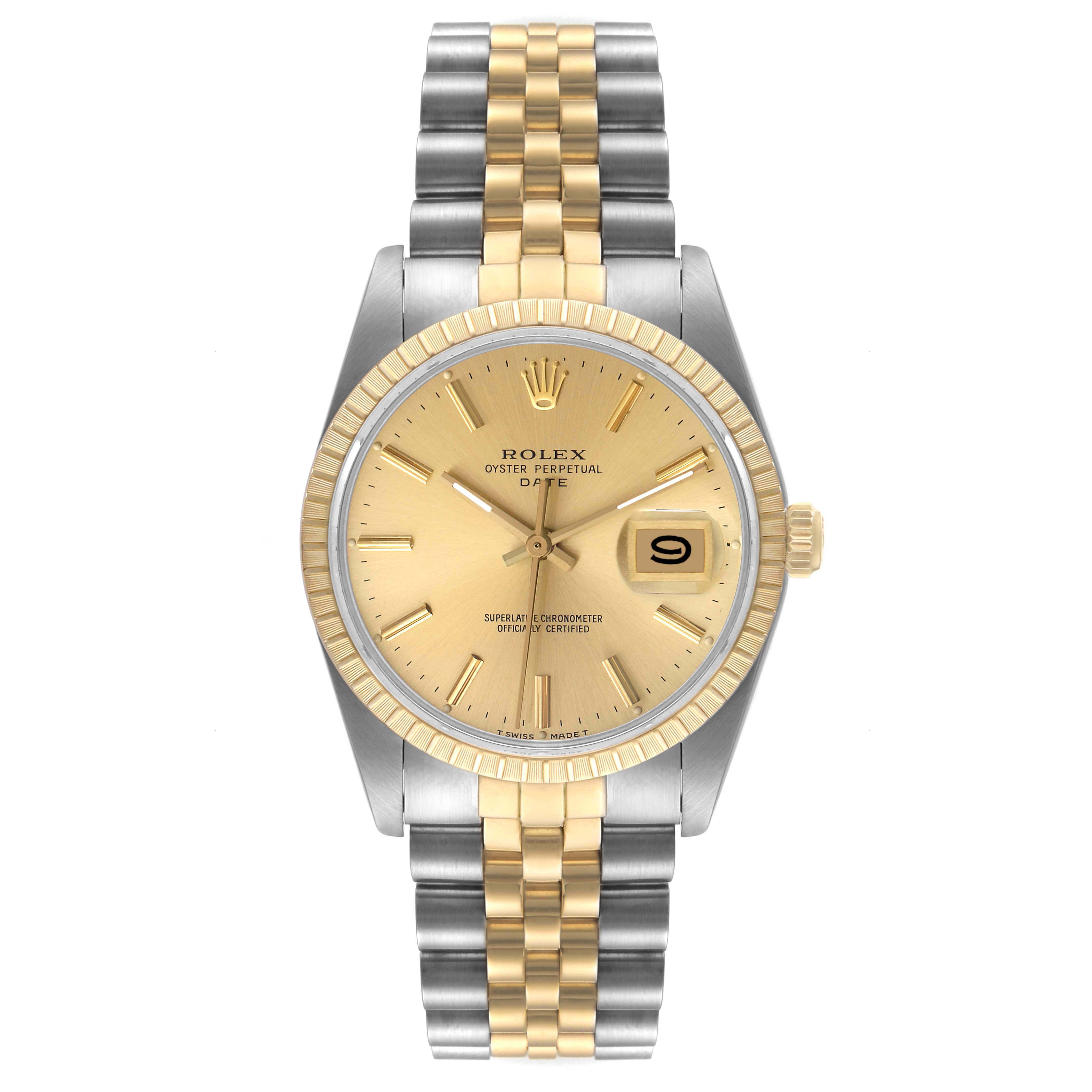 The image shows a full frontal view of the Rolex Oyster Perpetual Date watch with a gold and silver Jubilee bracelet.