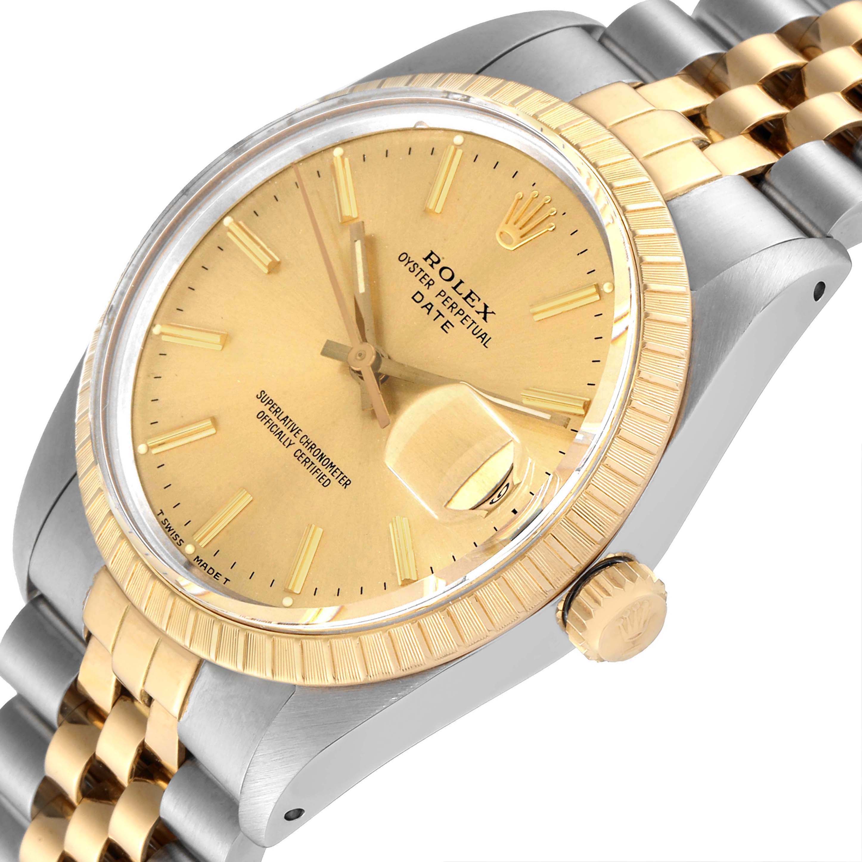 The image shows a close-up angle of a Rolex Date 15053 Men's Steel and Gold (two tone) Champagne Dial 15053 Men's Steel and Gold (two tone) Champagne Dial model, focusing on the face, bezel, crown, and part of the bracelet.