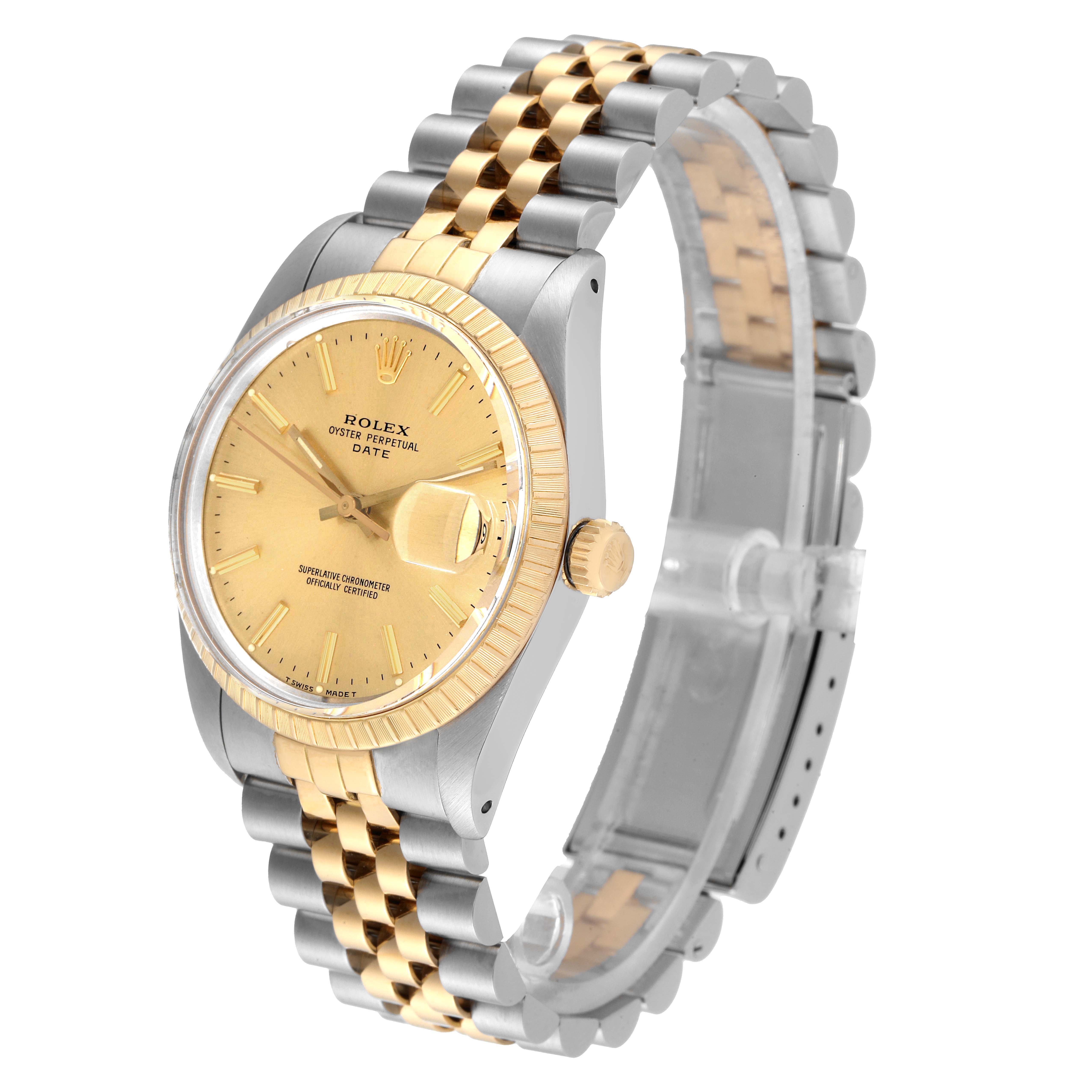 The image shows a Rolex Date 15053 Men's Steel and Gold (two tone) Champagne Dial 15053 Men's Steel and Gold (two tone) Champagne Dial model watch with its dial, bezel, crown, and jubilee bracelet visible.