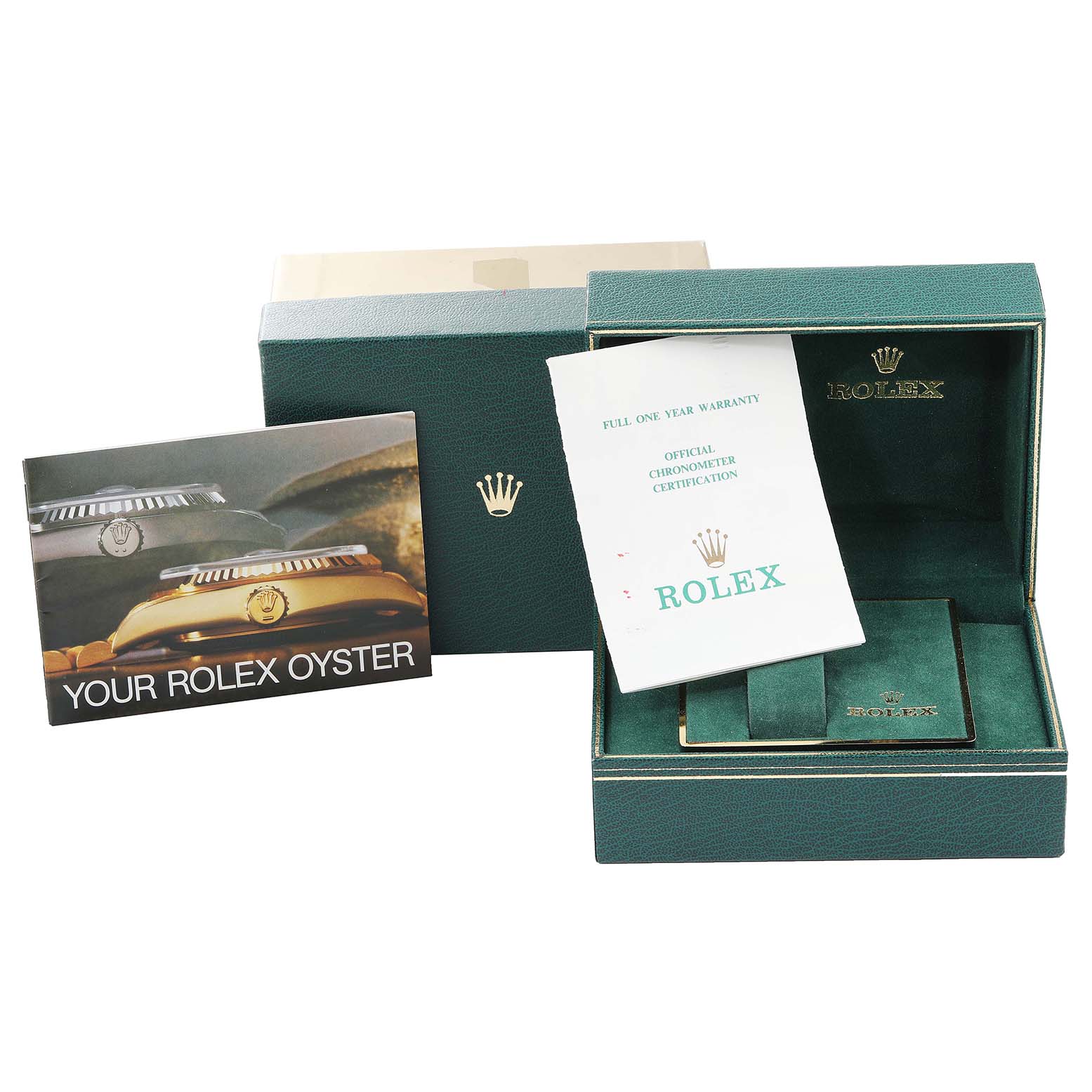 This image shows the packaging, warranty card, and booklet for a Rolex Date 15053 Men's Steel and Gold (two tone) Champagne Dial 15053 Men's Steel and Gold (two tone) Champagne Dial model watch.