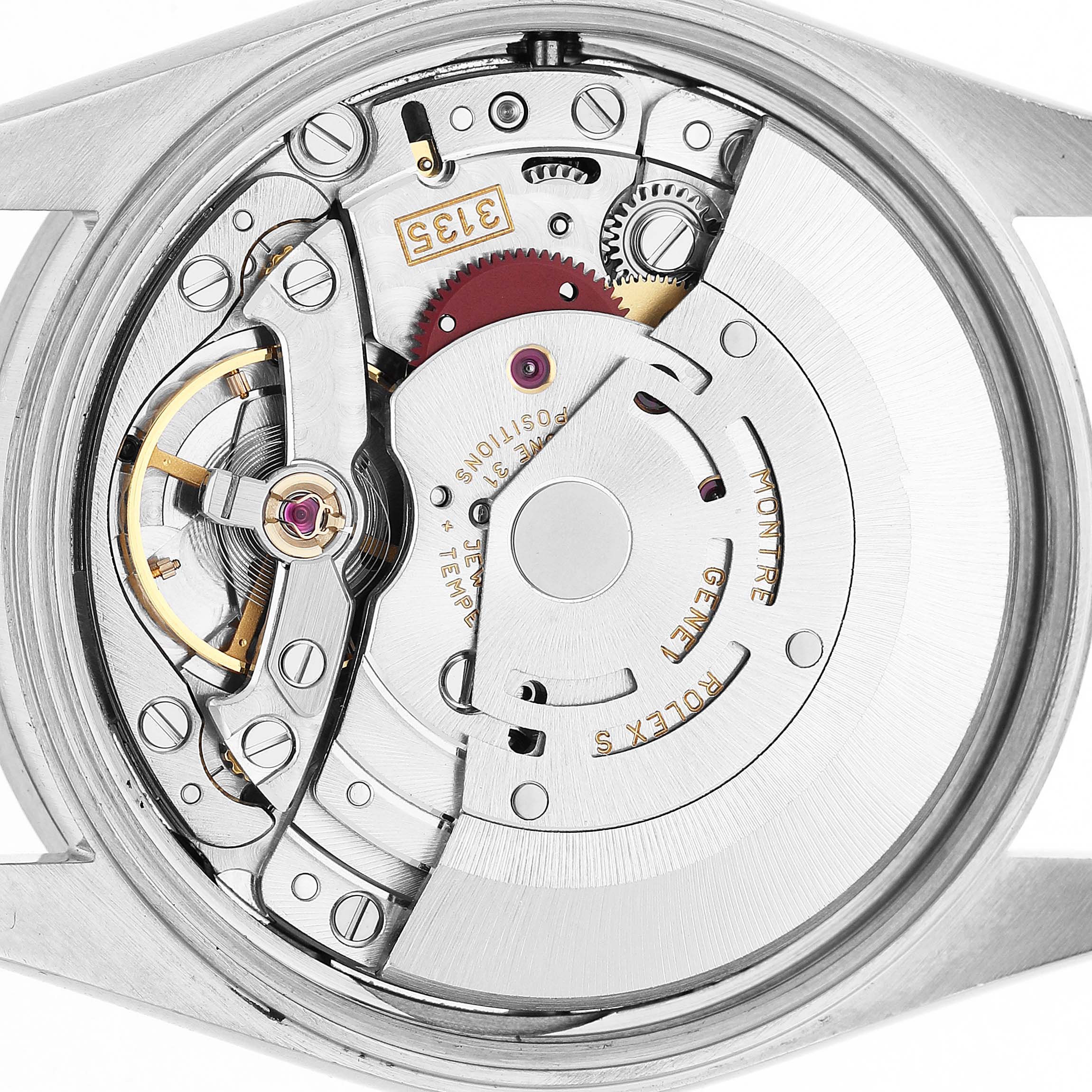 The image shows the back view of the Rolex Date 15210 Men's Stainless Steel Blue Dial model, highlighting the intricate movement and components inside.