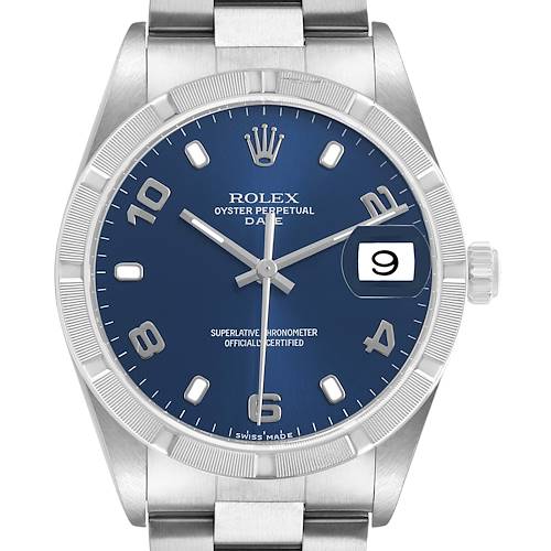 Photo of Rolex Date Steel Blue Dial Engine Turned Bezel Mens Watch 15210