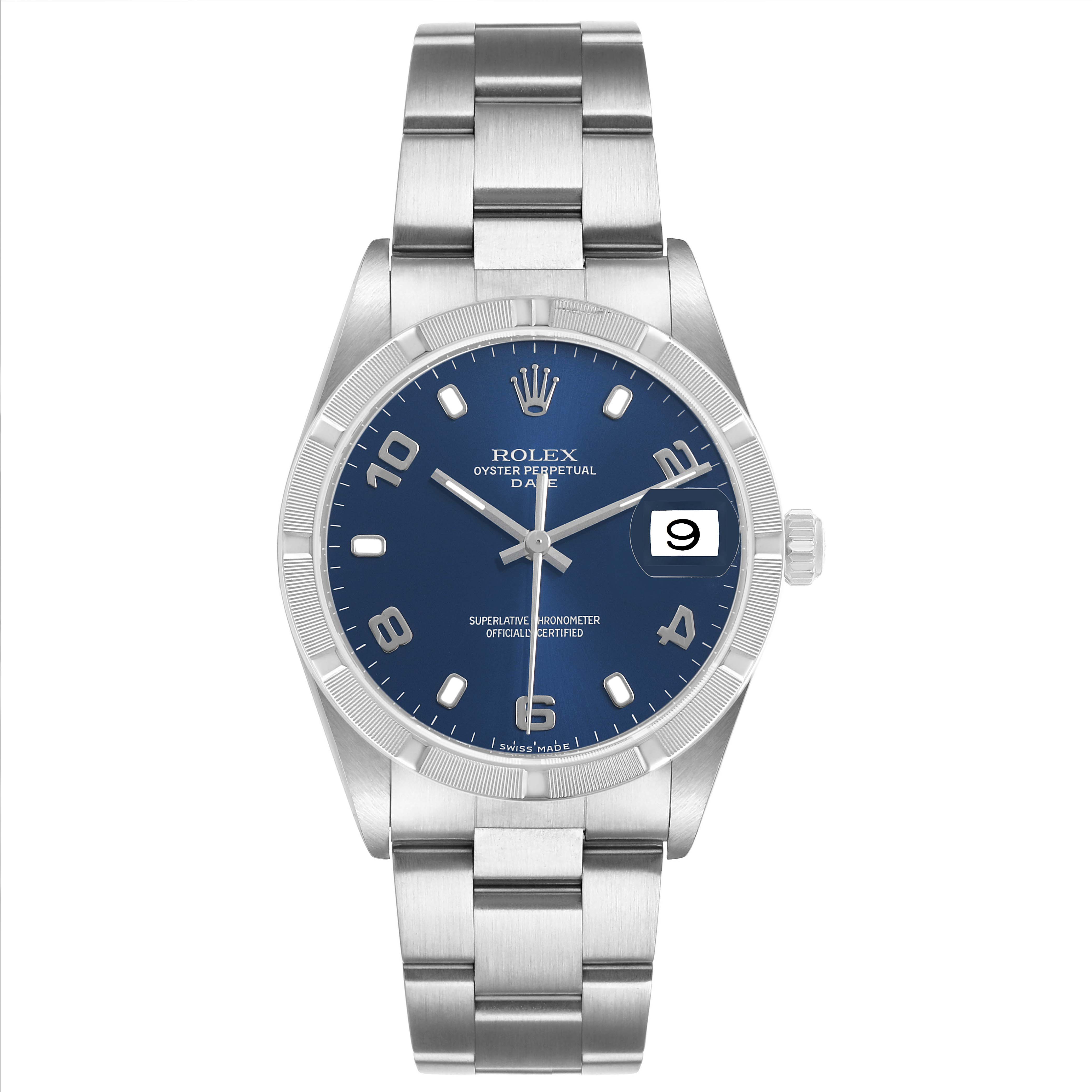 The Rolex Date 15210 Men's Stainless Steel Blue Dial watch is shown from a front angle, displaying its blue dial, date window, and stainless steel bracelet.