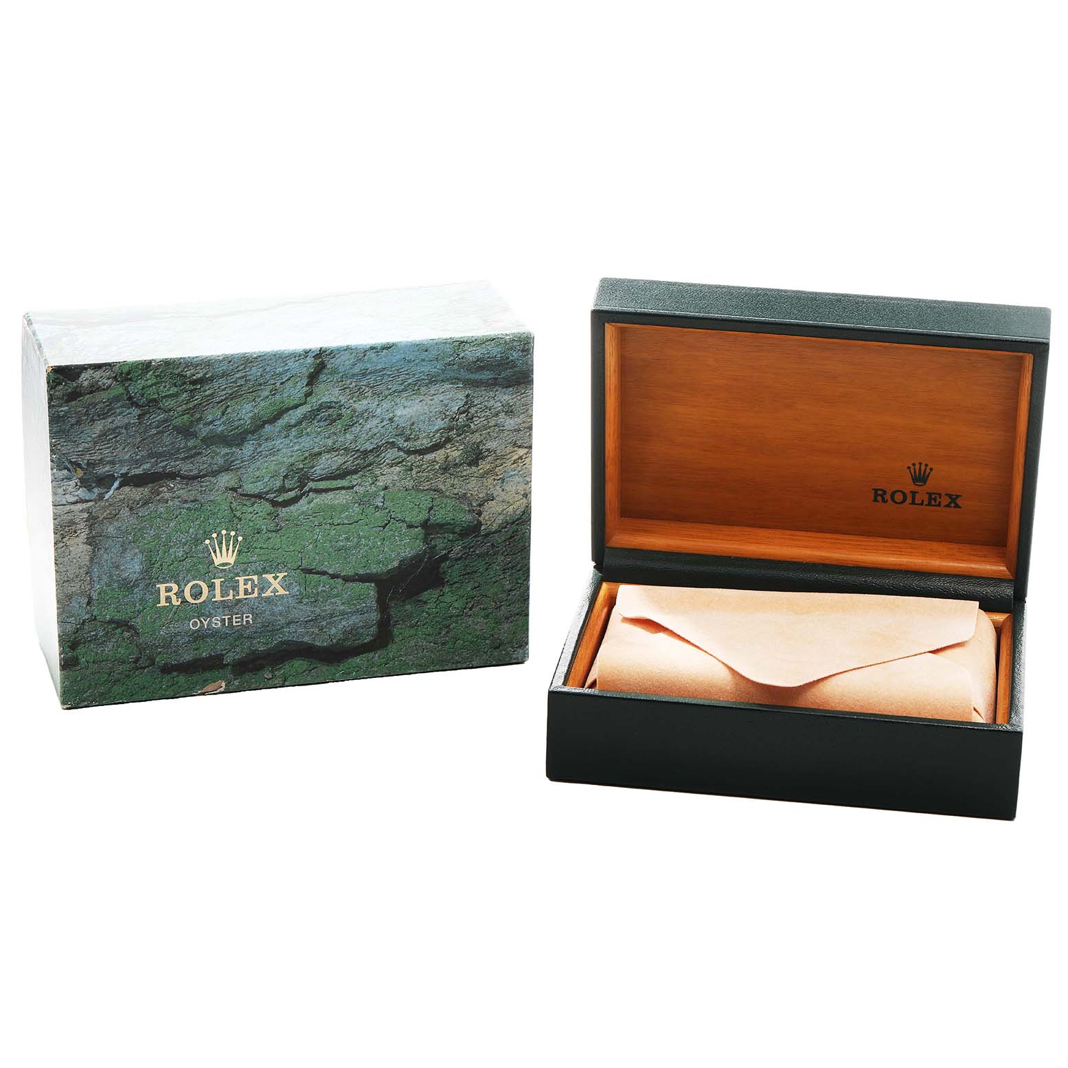 The image shows a Rolex Date 15210 Men's Stainless Steel Blue Dial watch box and packaging, with the box open, revealing a cushioned interior.