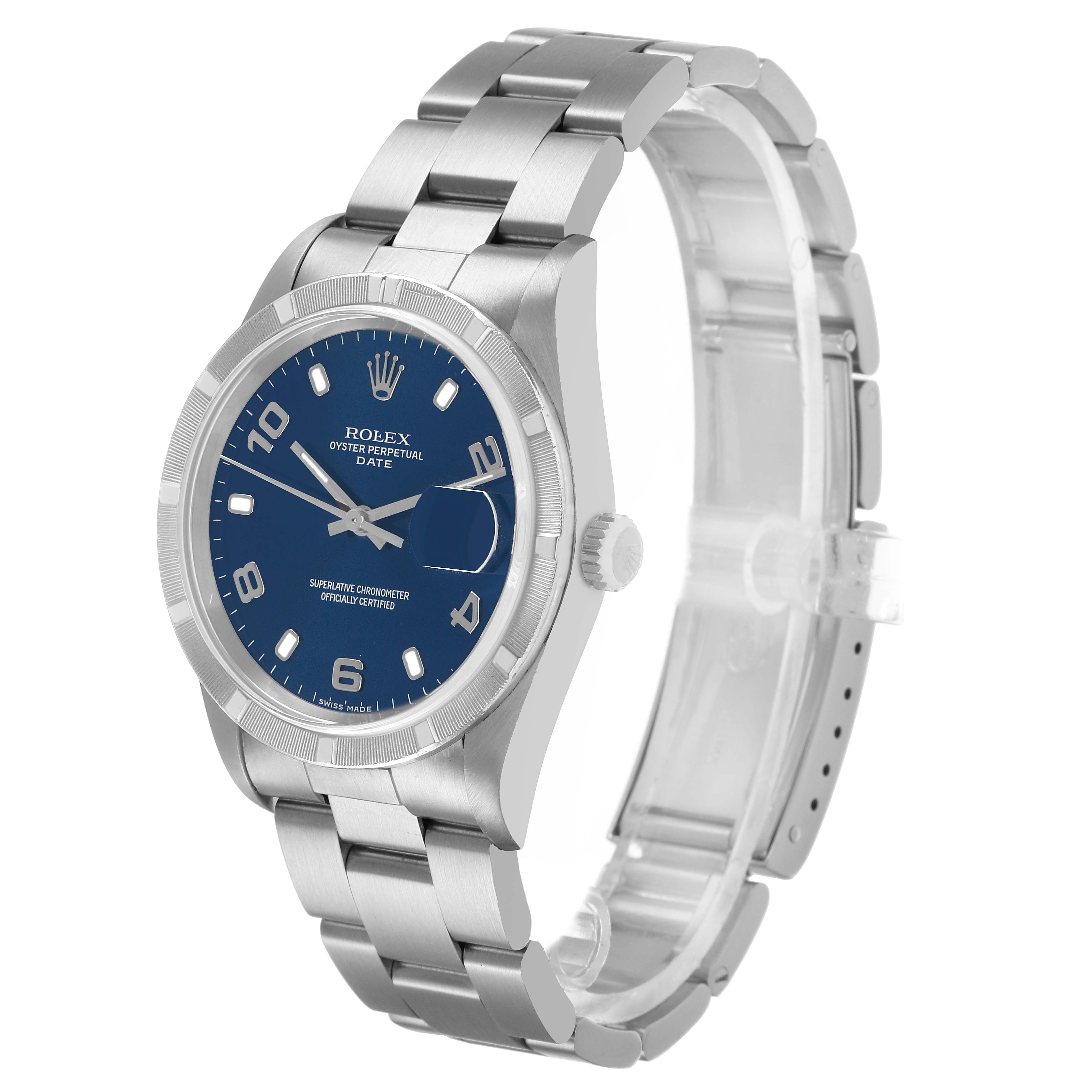 The Rolex Date 15210 Men's Stainless Steel Blue Dial watch is shown at a three-quarter angle, highlighting its blue dial, bezel, crown, and bracelet.