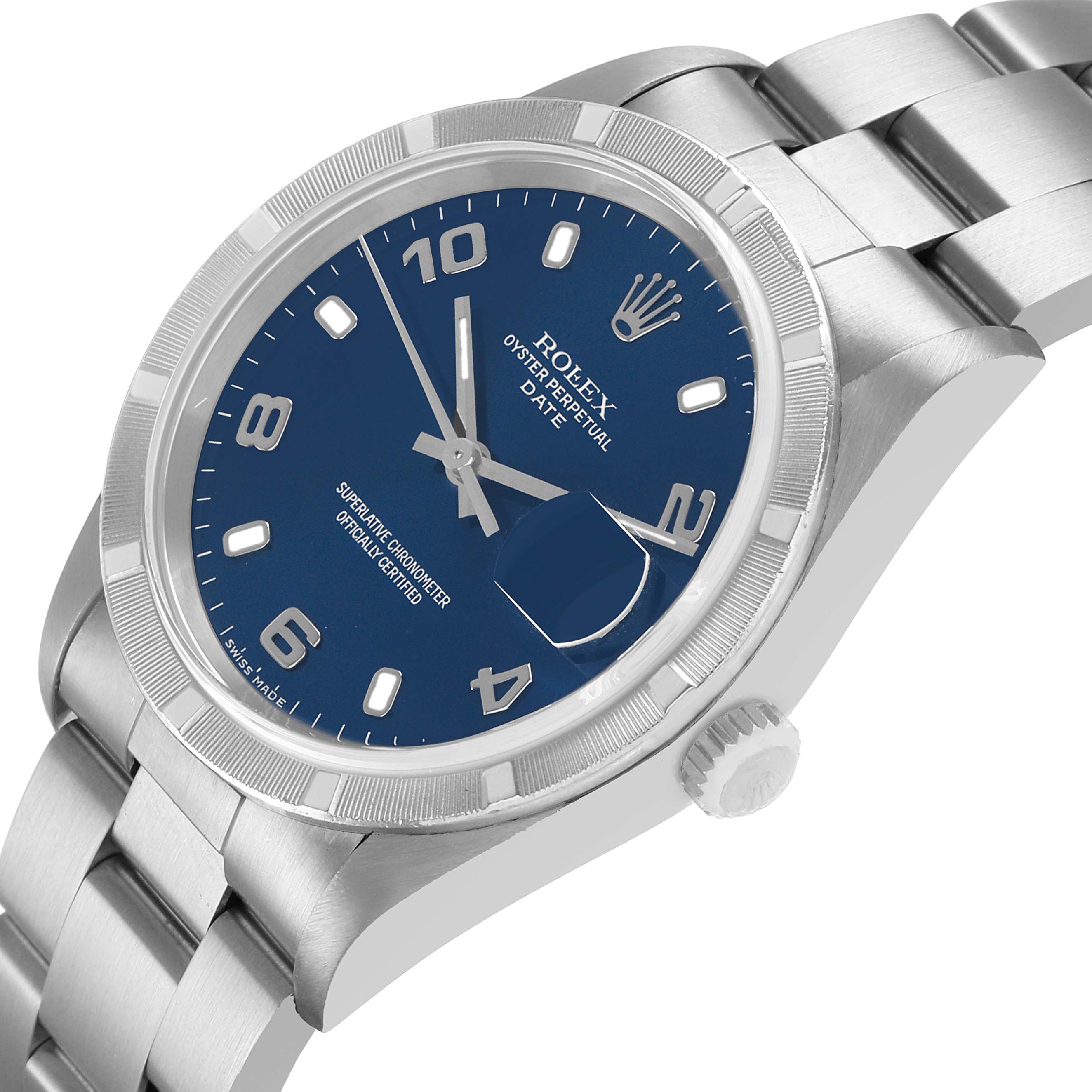 The Rolex Date 15210 Men's Stainless Steel Blue Dial watch is shown at an angled view highlighting the blue dial, bezel, and part of the bracelet.