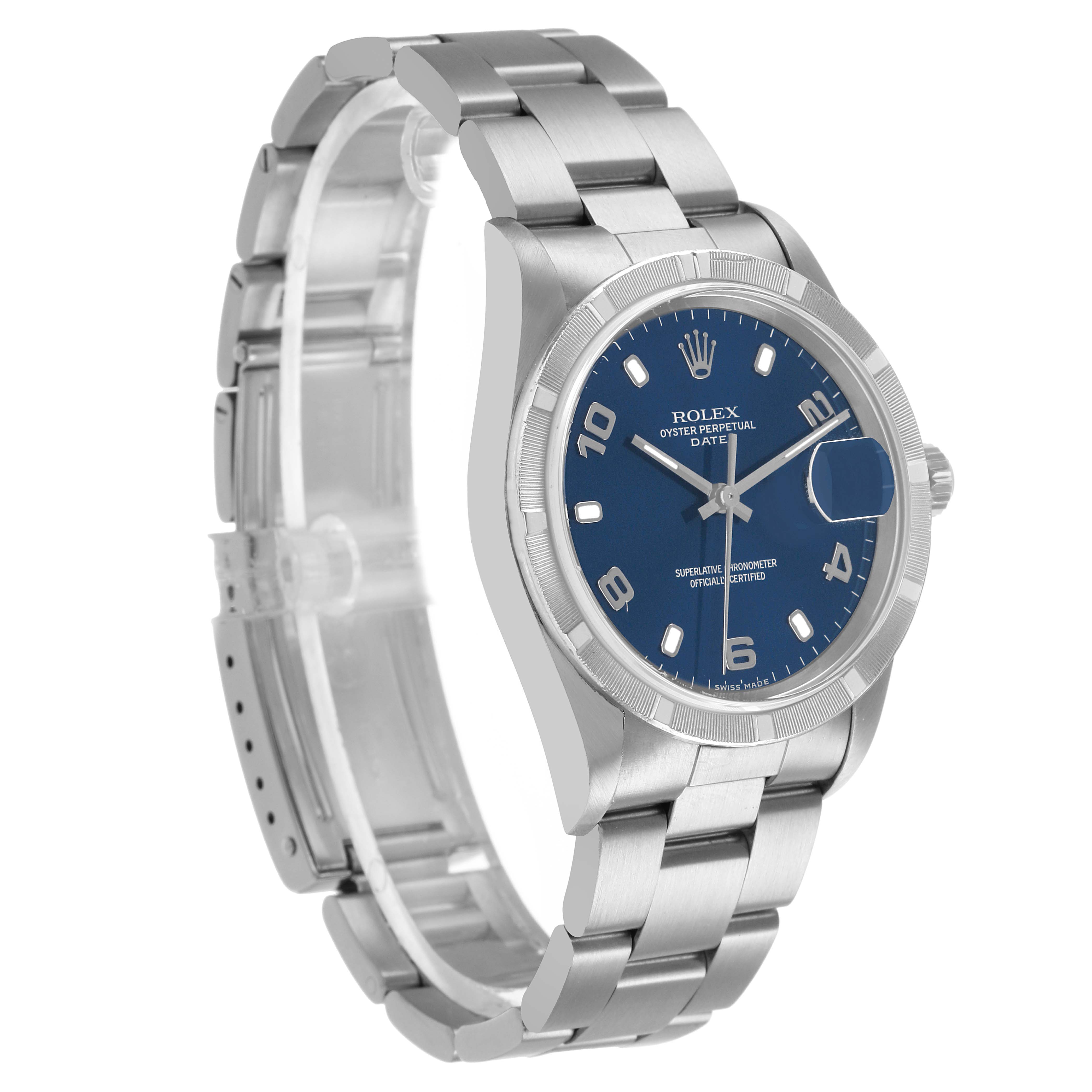 The image shows a Rolex Date 15210 Men's Stainless Steel Blue Dial model watch at a three-quarter angle, displaying the dial, bezel, bracelet, and clasp.