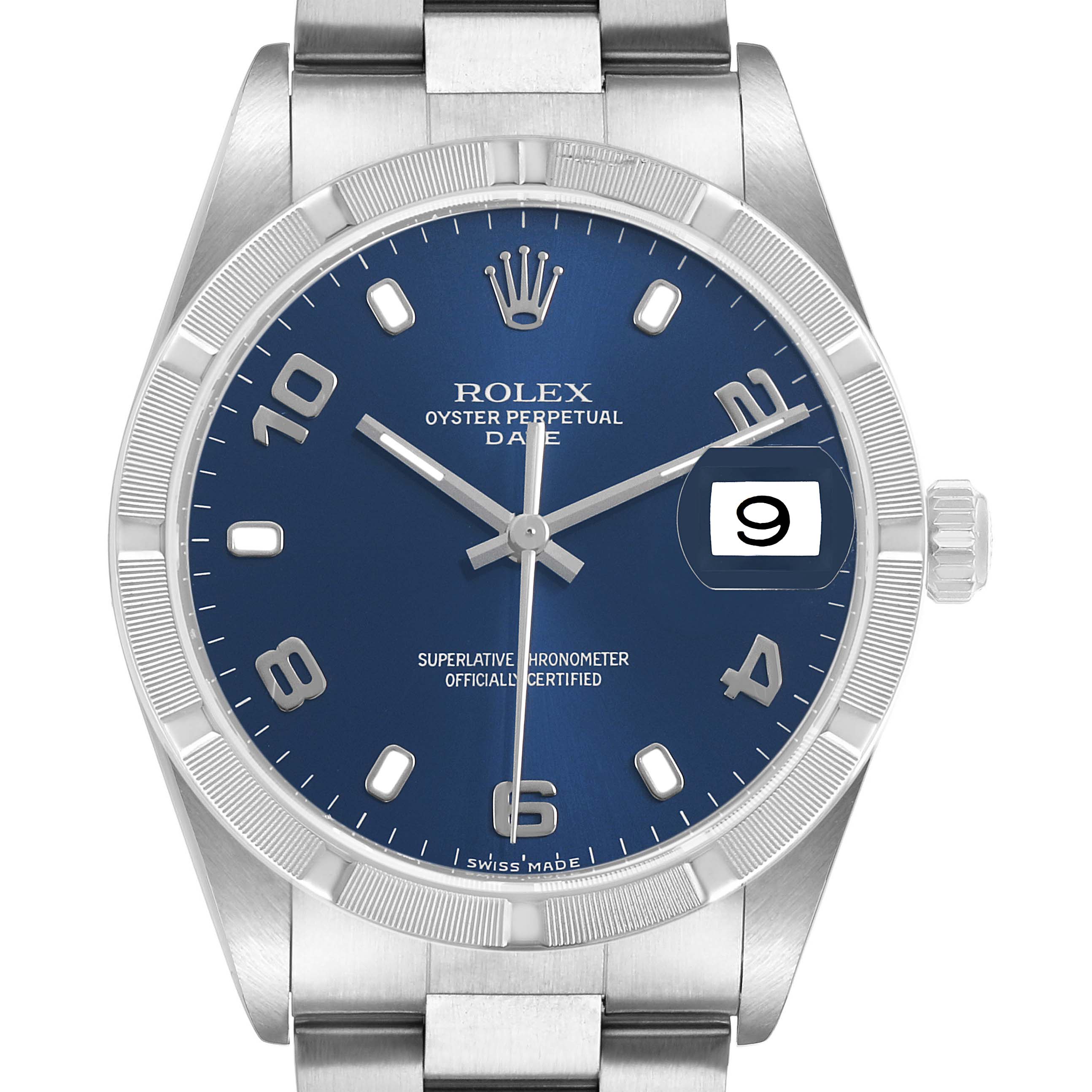 The Rolex Date 15210 Men's Stainless Steel Blue Dial watch is shown from the front, featuring the dial, hands, bezel, and bracelet.