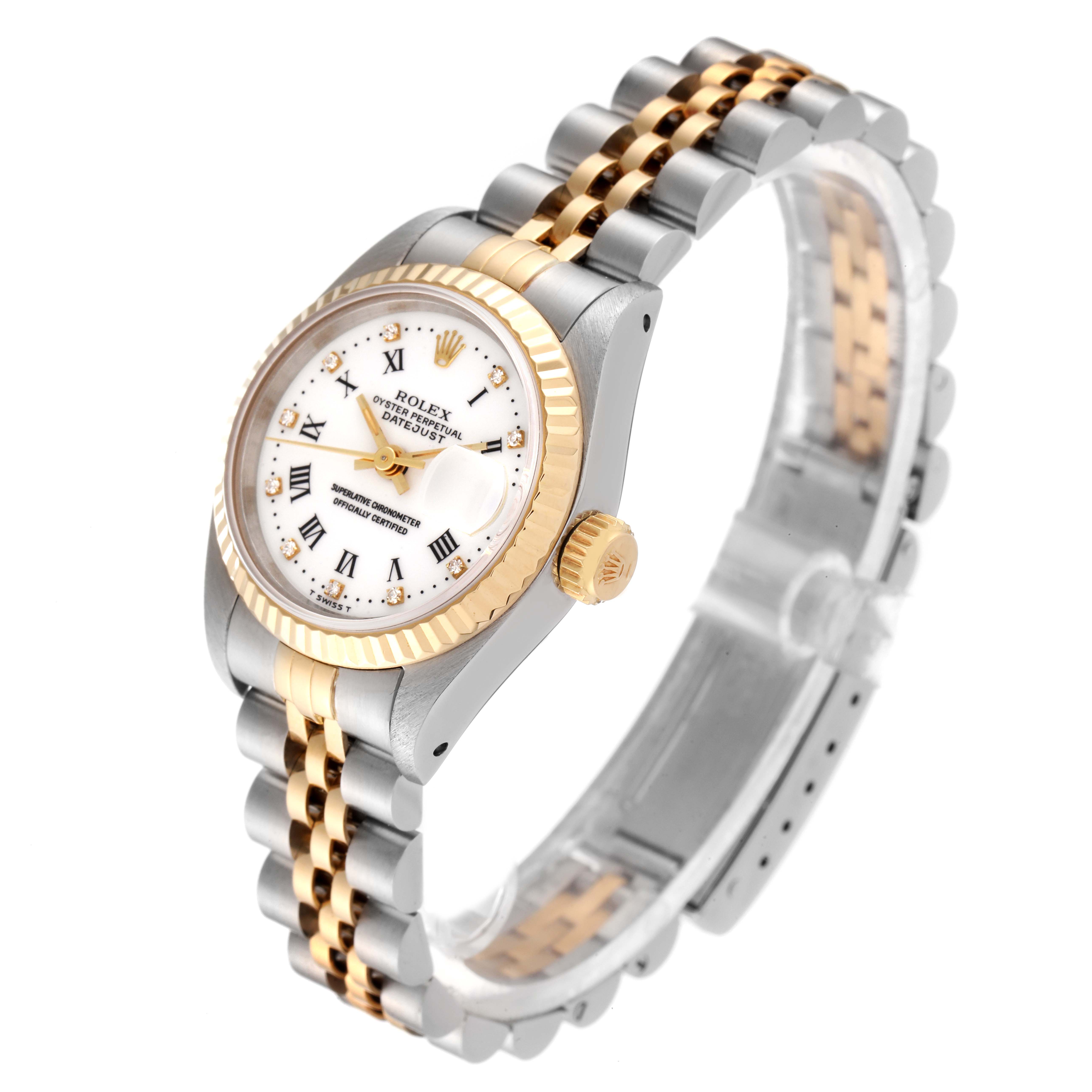 The Rolex Datejust 69173 Women's Steel and Gold (two tone) White Dial 69173 Women's Steel and Gold (two tone) White Dial watch is shown at an angled side view, showcasing the face, bezel, and two-tone bracelet.