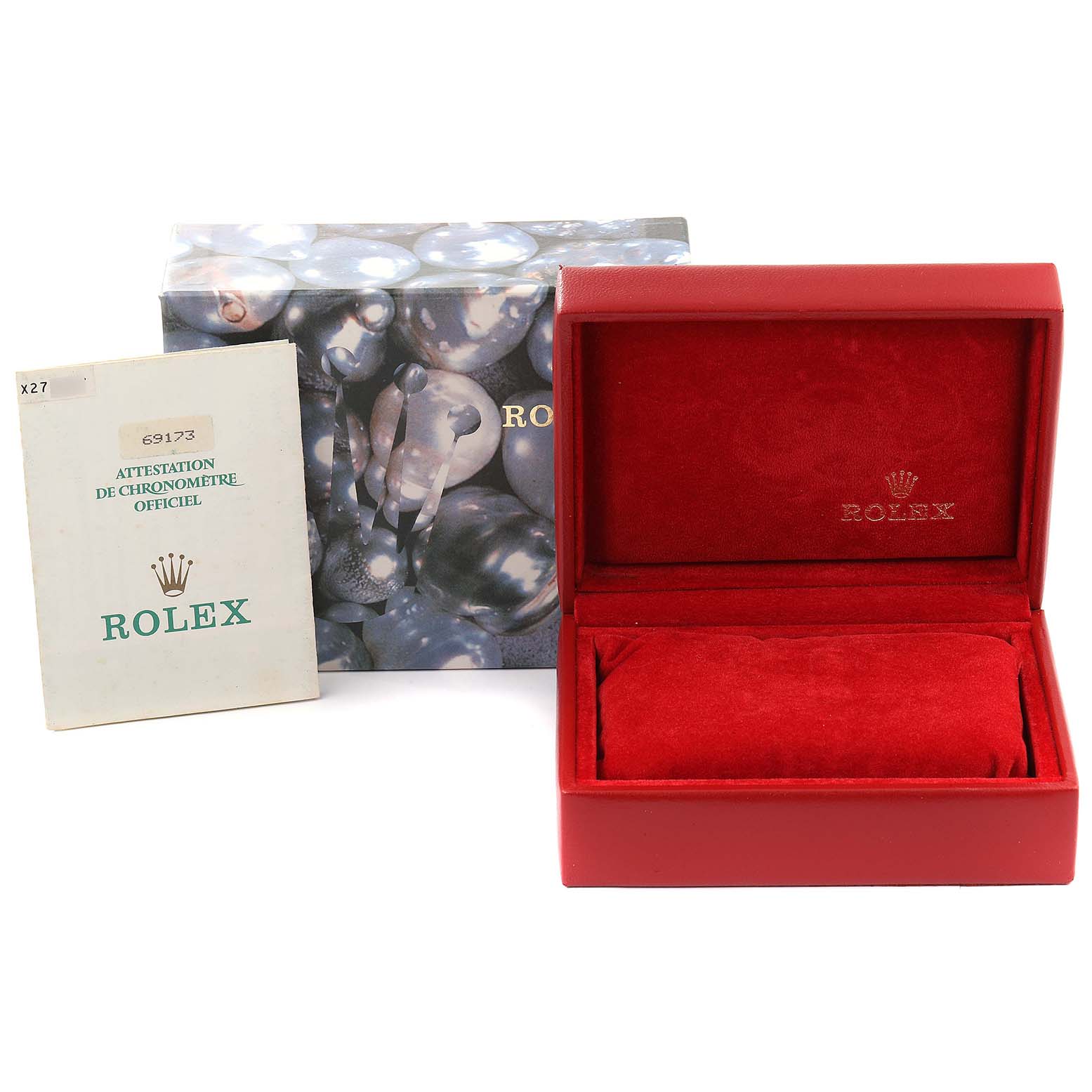 The image shows a Rolex Datejust 69173 Women's Steel and Gold (two tone) White Dial 69173 Women's Steel and Gold (two tone) White Dial model's empty red watch box, outer box, and official certification booklet.