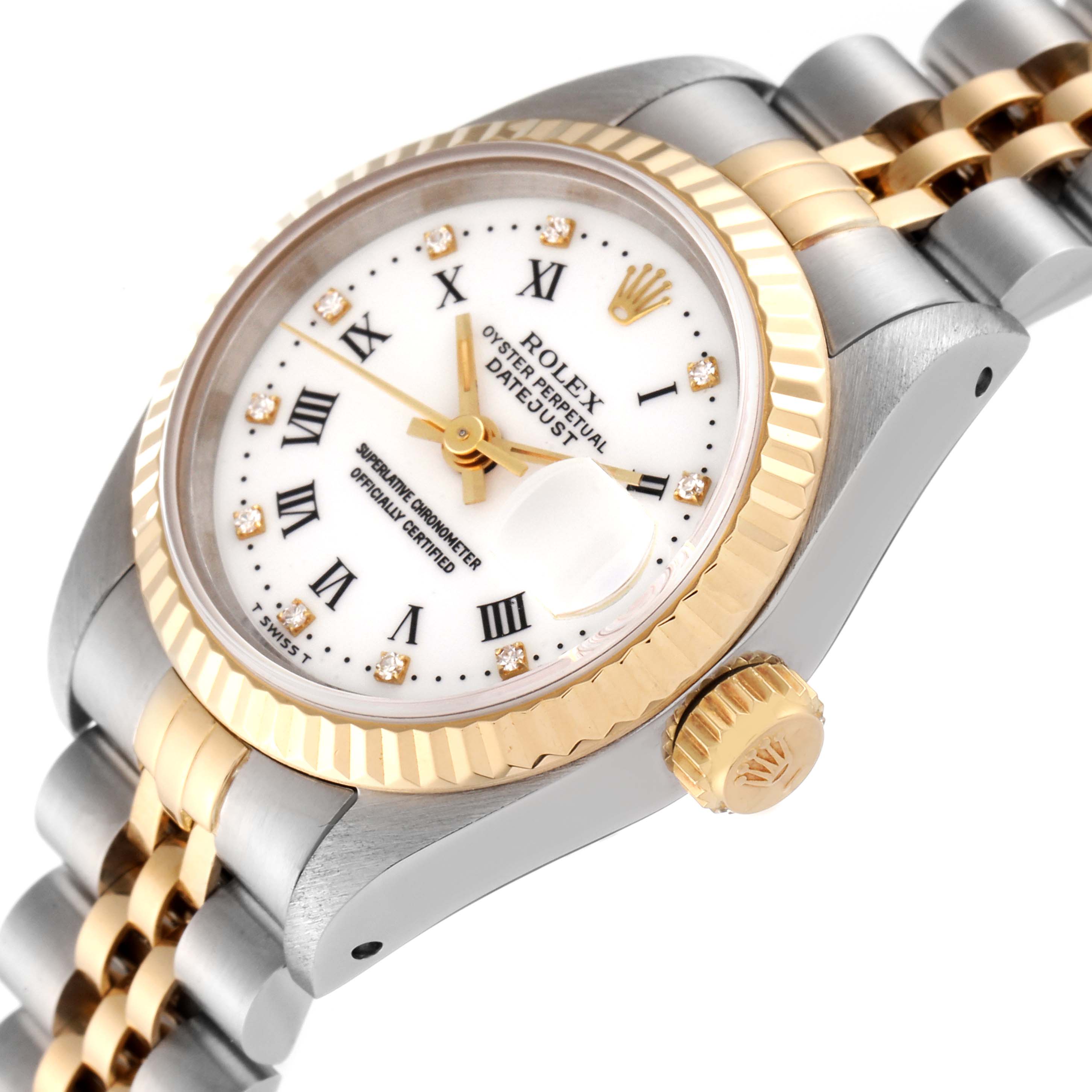 This image shows a close-up of the Rolex Datejust 69173 Women's Steel and Gold (two tone) White Dial 69173 Women's Steel and Gold (two tone) White Dial watch face, bezel, and part of the bracelet, angled slightly from the front.
