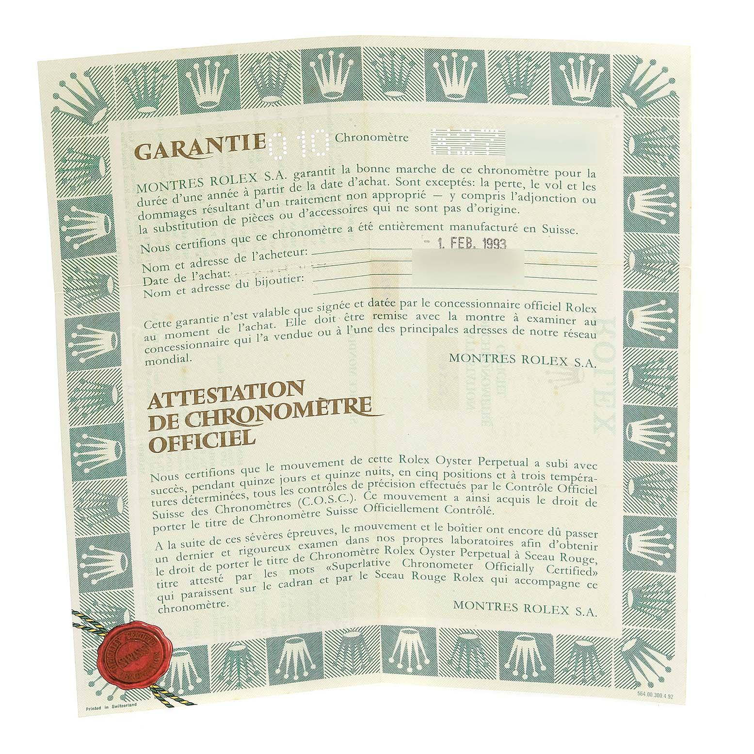 This image shows an official certificate of guarantee for the Rolex Datejust 69173 Women's Steel and Gold (two tone) White Dial 69173 Women's Steel and Gold (two tone) White Dial model watch.