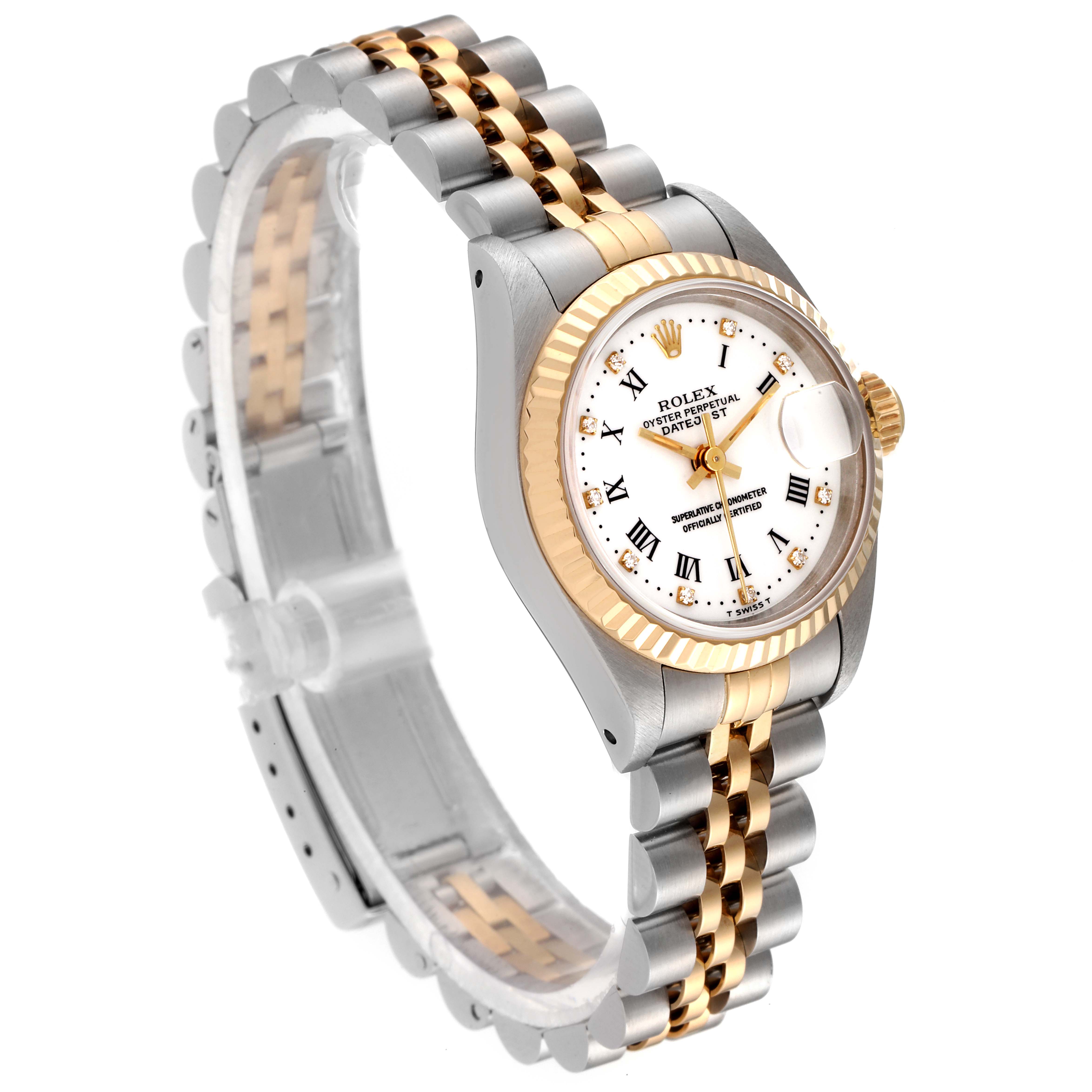 The image shows a side-angle view of a Rolex Datejust 69173 Women's Steel and Gold (two tone) White Dial 69173 Women's Steel and Gold (two tone) White Dial model featuring a two-tone bracelet and white dial with Roman numerals.