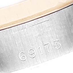 This image shows a close-up of the case back with the serial number "69173" on the Rolex Datejust 69173 Women's Steel and Gold (two tone) White Dial 69173 Women's Steel and Gold (two tone) White Dial watch.