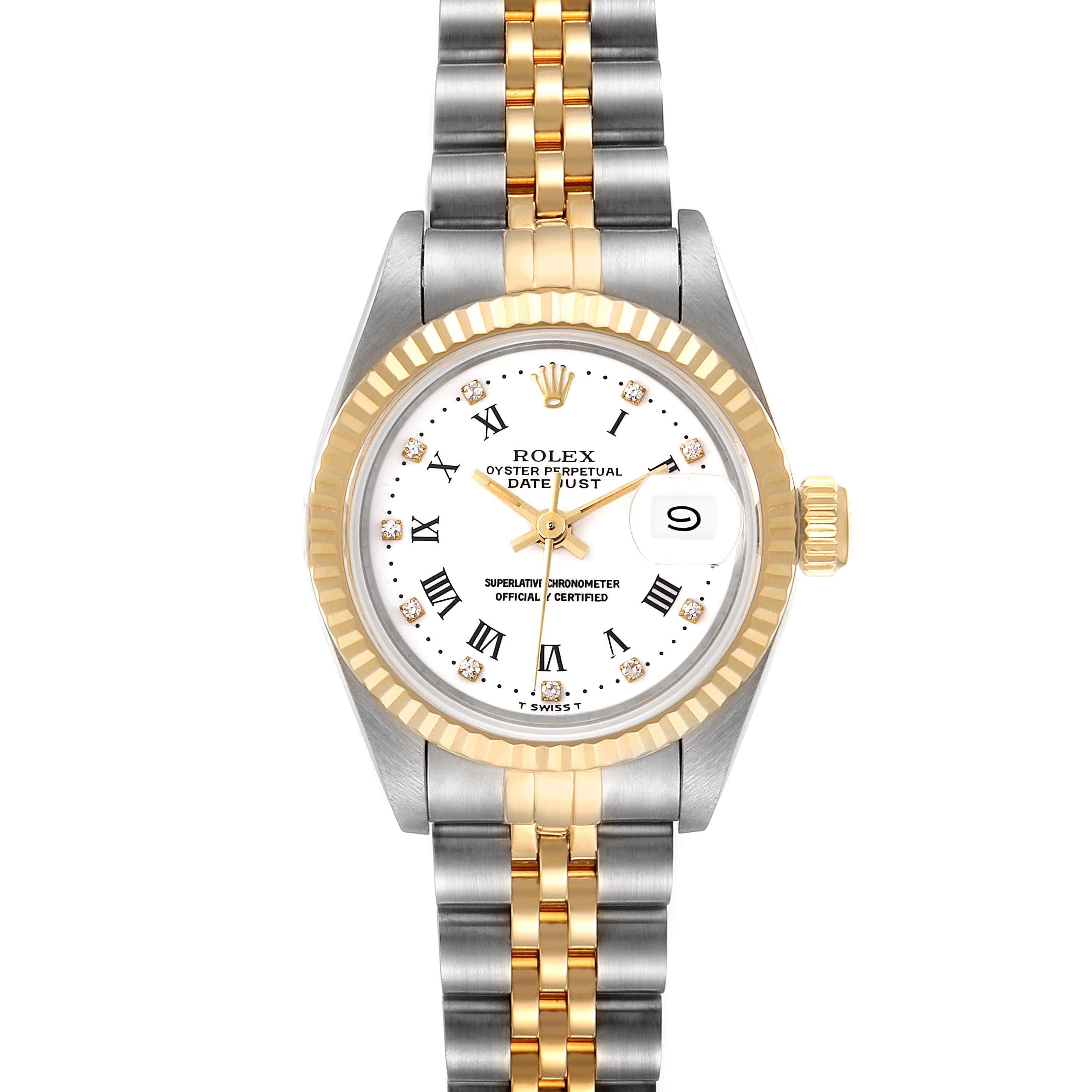 The image shows a front view of a Rolex Datejust 69173 Women's Steel and Gold (two tone) White Dial 69173 Women's Steel and Gold (two tone) White Dial watch featuring a two-tone bracelet and a white dial with Roman numeral hour markers.