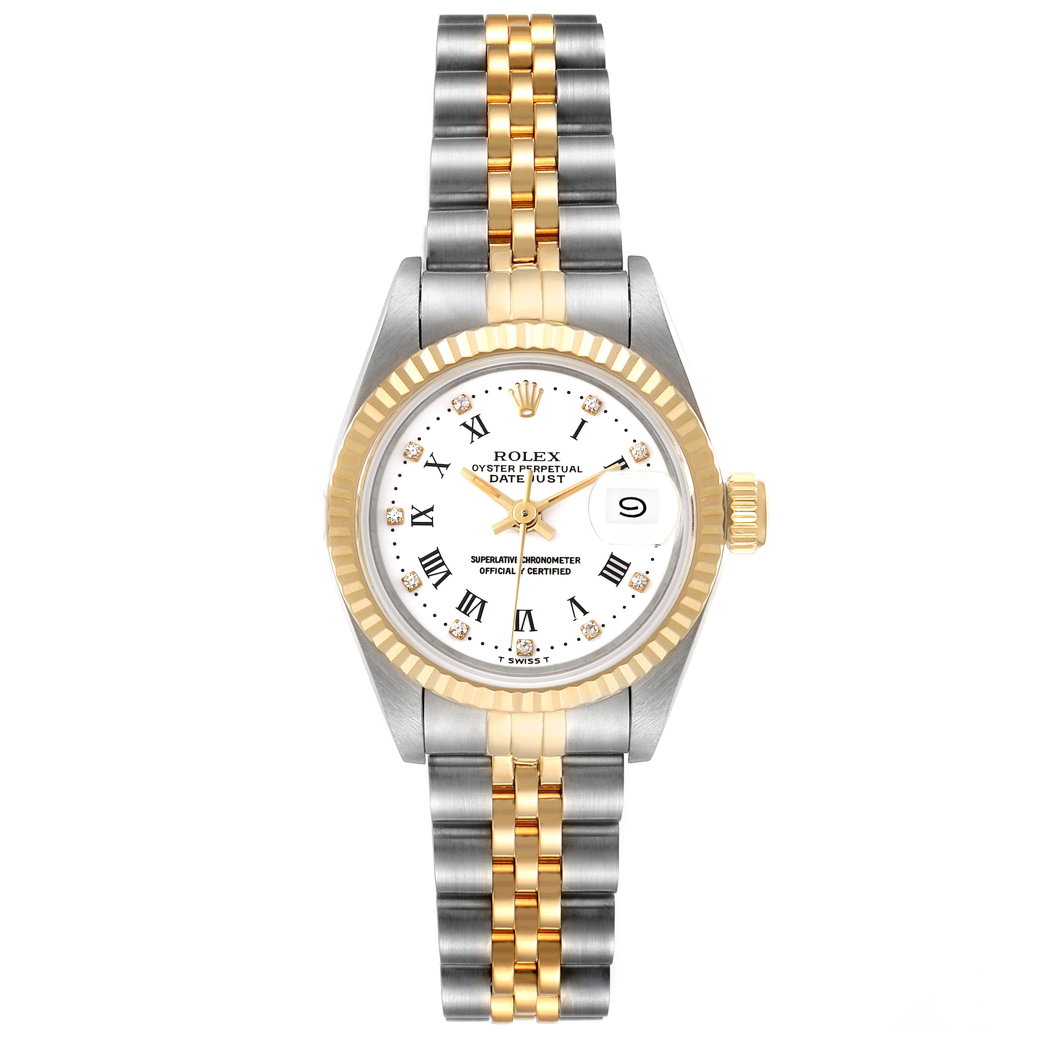 This image shows a Rolex Datejust 69173 Women's Steel and Gold (two tone) White Dial 69173 Women's Steel and Gold (two tone) White Dial watch from a front view, highlighting its gold and silver bracelet, fluted bezel, and white dial.
