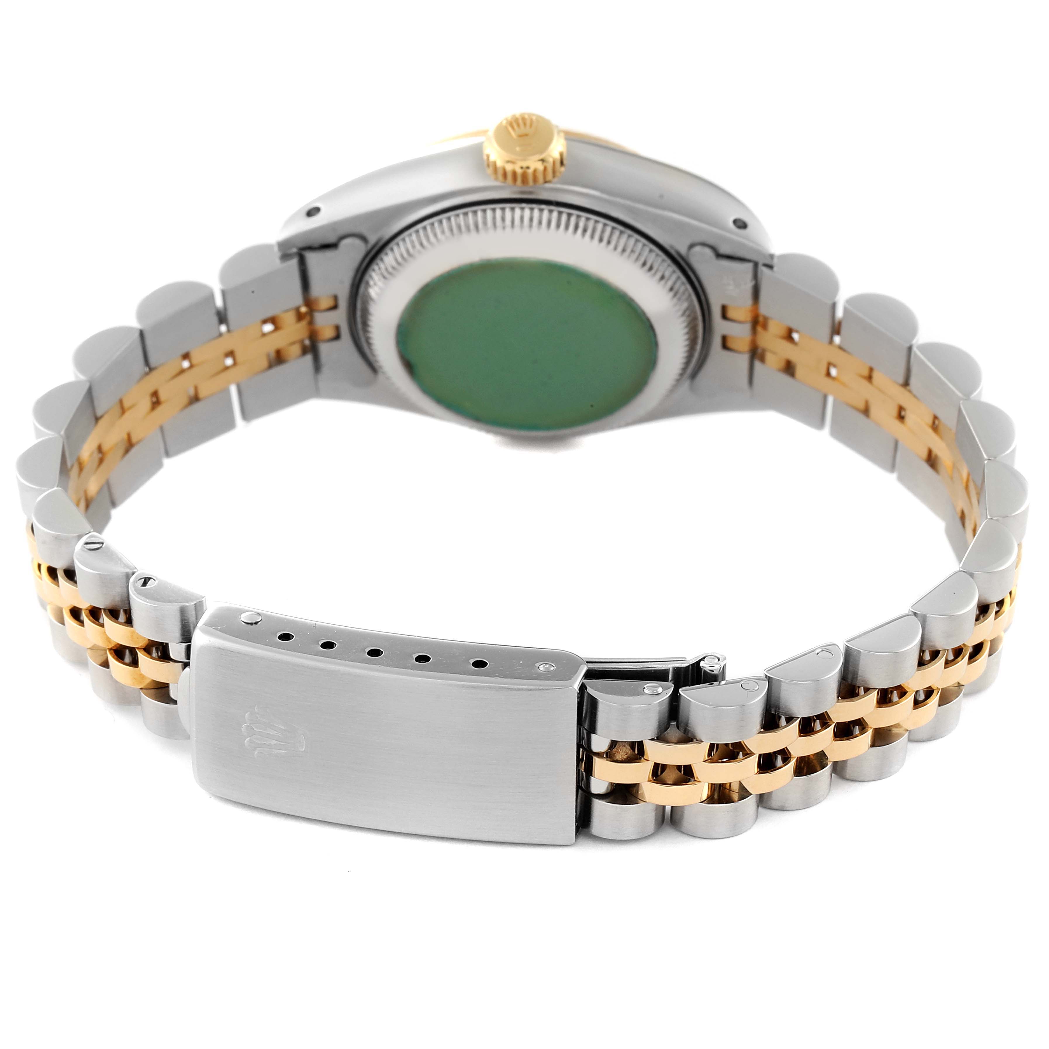 This image shows the back view of a Rolex Datejust 69173 Women's Steel and Gold (two tone) White Dial 69173 Women's Steel and Gold (two tone) White Dial watch, highlighting its two-tone bracelet and clasp.