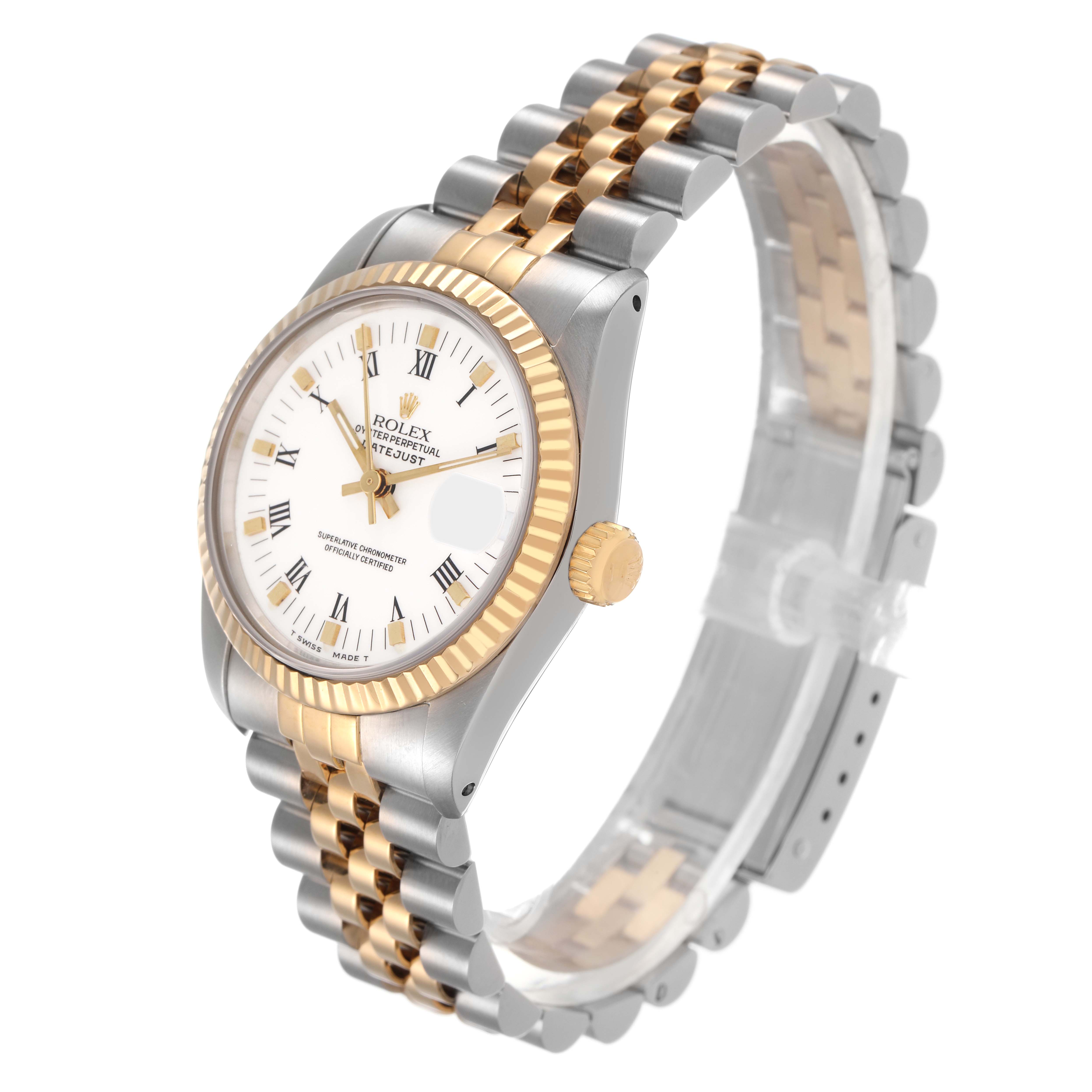 The Rolex Datejust 68273 Women's Stainless Steel White Dial watch is shown at a three-quarter angle, highlighting its two-tone bracelet, fluted bezel, and face.