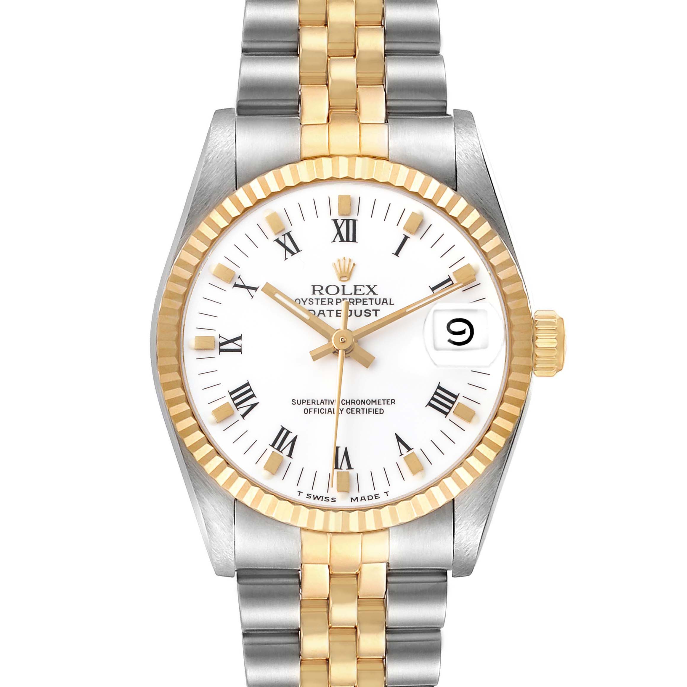 The Rolex Datejust 68273 Women's Stainless Steel White Dial watch is shown from the front, highlighting the face, bezel, and two-tone bracelet.