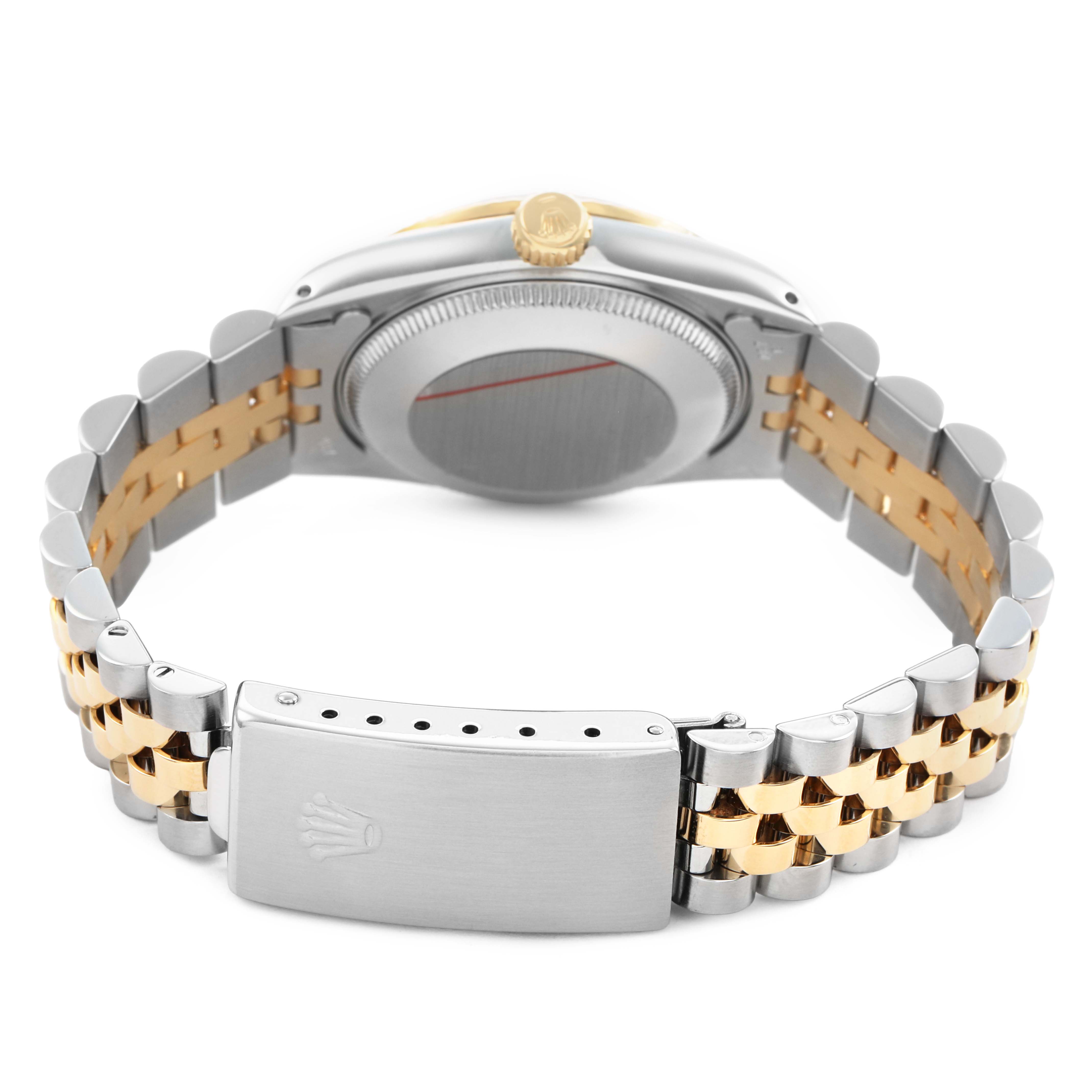 The image shows the back of the Rolex Datejust 68273 Women's Stainless Steel White Dial watch, highlighting the clasp and two-tone bracelet.