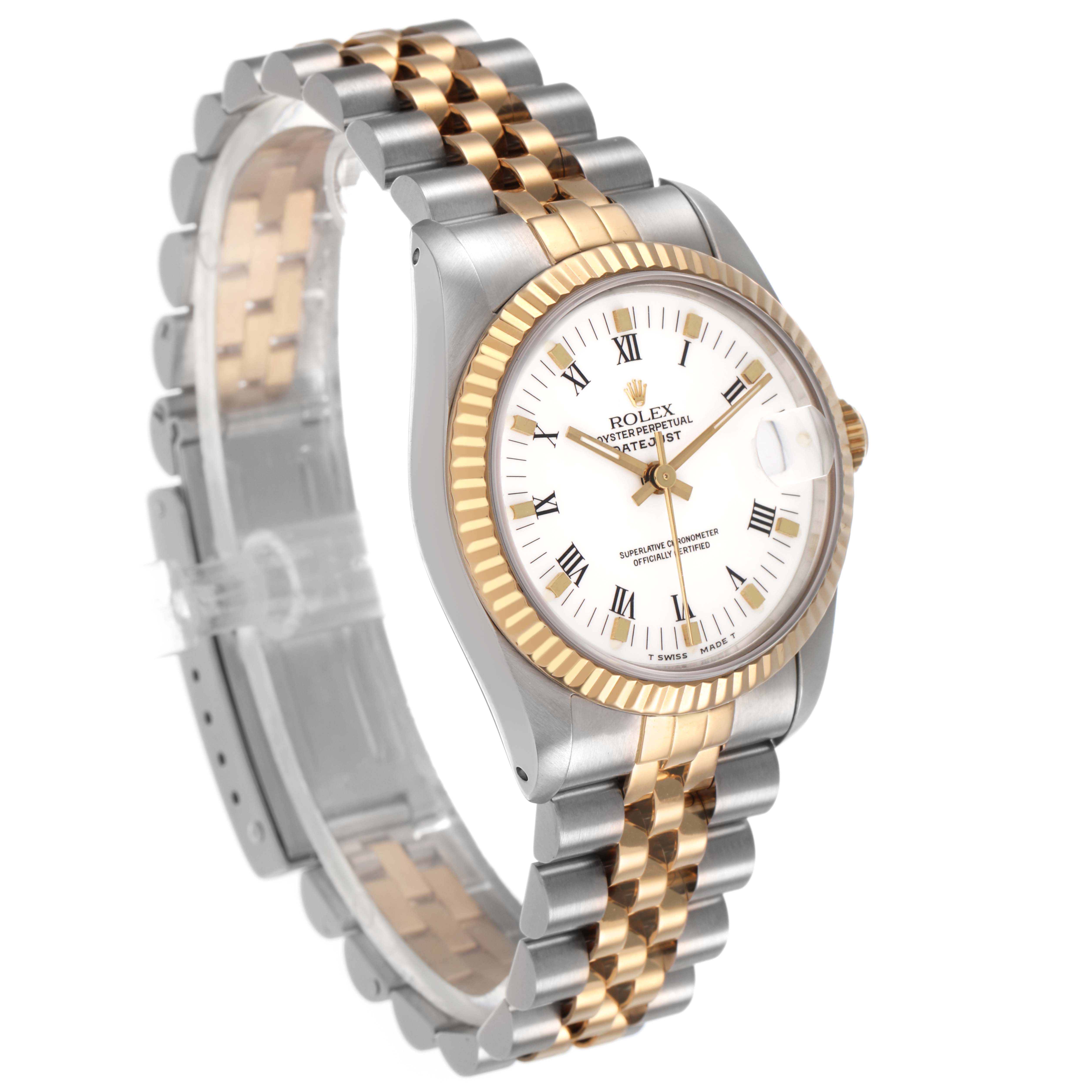 The Rolex Datejust 68273 Women's Stainless Steel White Dial watch is shown at a slight side angle, displaying its two-tone bracelet and white dial with Roman numerals.