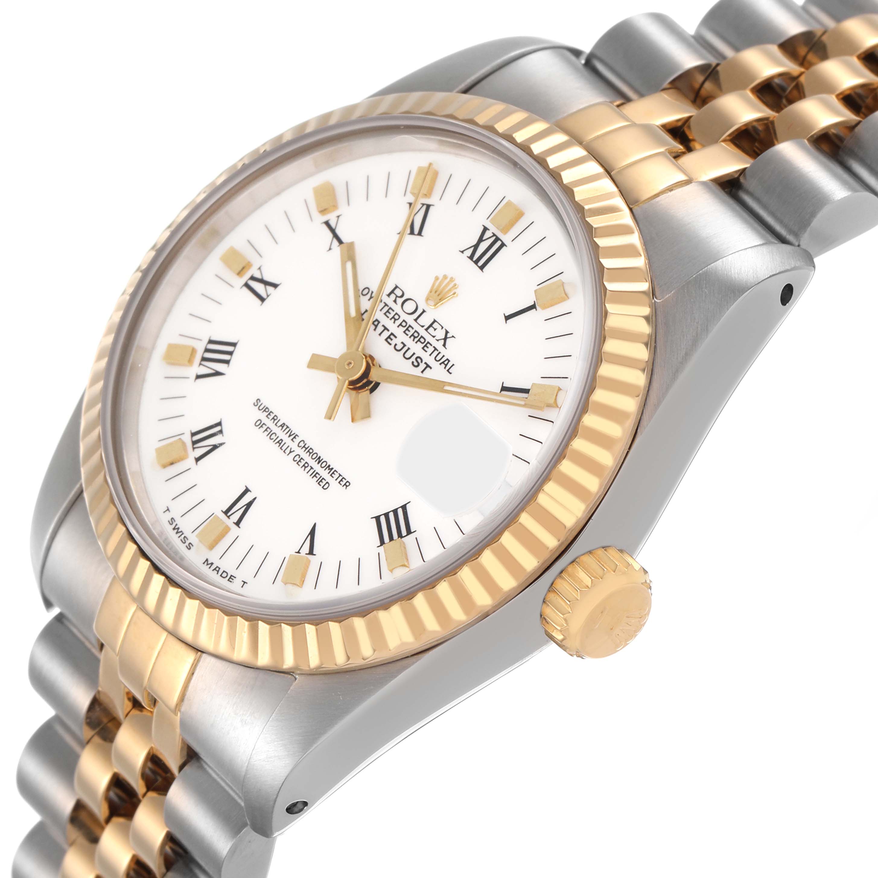 The Rolex Datejust 68273 Women's Stainless Steel White Dial watch is shown at an oblique angle, highlighting the face, crown, two-tone bezel, and Jubilee bracelet.