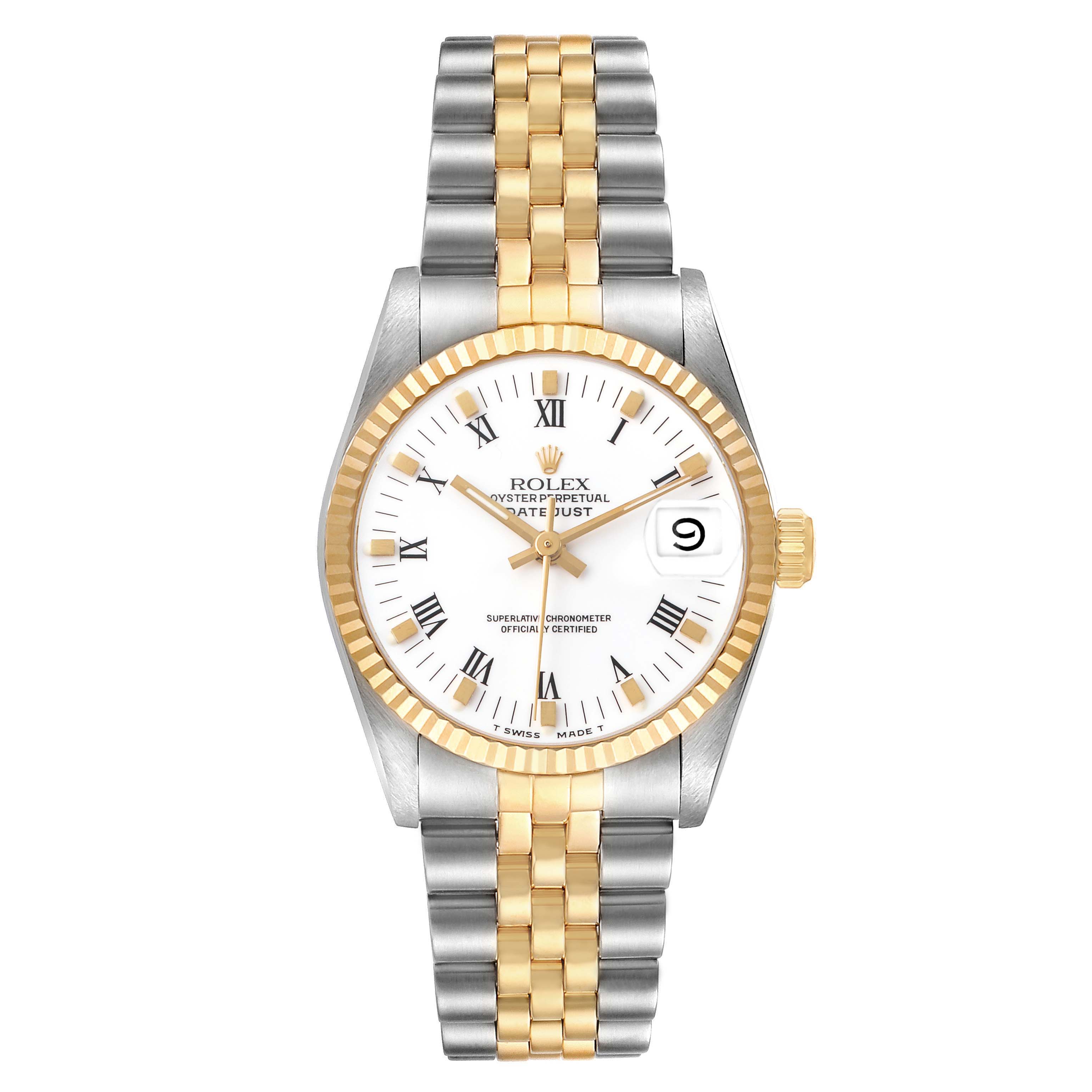 The Rolex Datejust 68273 Women's Stainless Steel White Dial watch is shown from a top view, highlighting its gold fluted bezel, white dial, and two-tone bracelet.