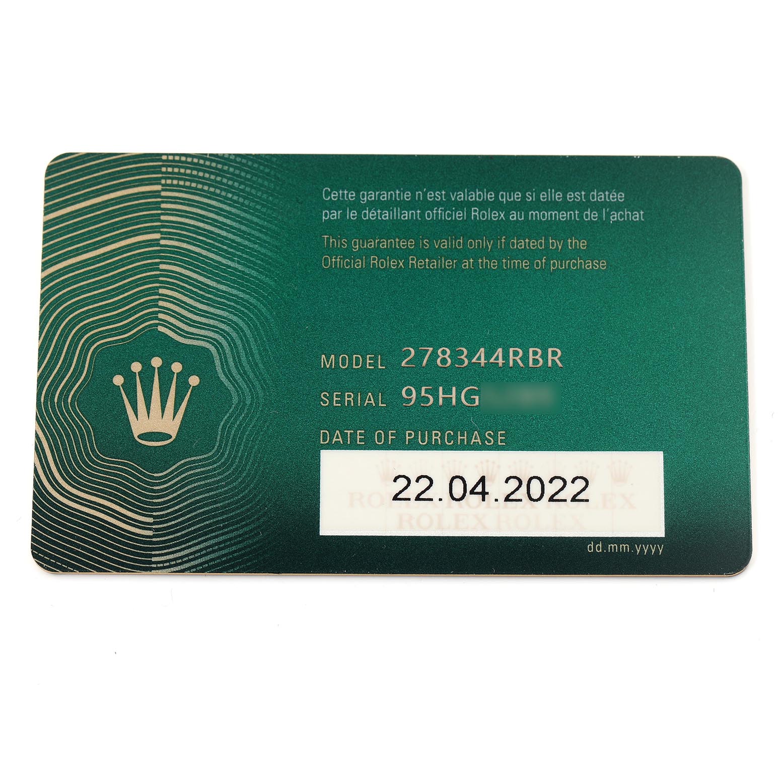 The image shows a warranty card for a Rolex Datejust watch, displaying model and serial numbers, and purchase date.