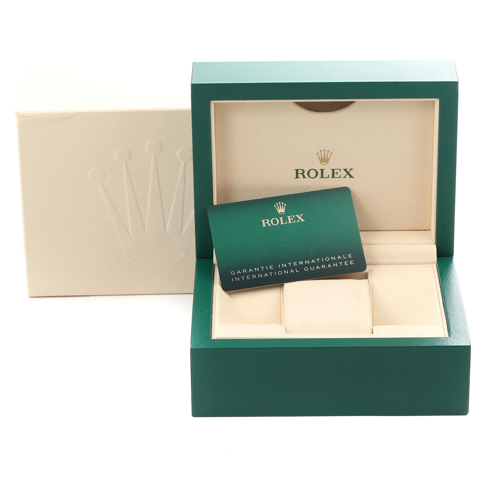 The image shows a Rolex Datejust box set, including the Rolex box and an international guarantee card.
