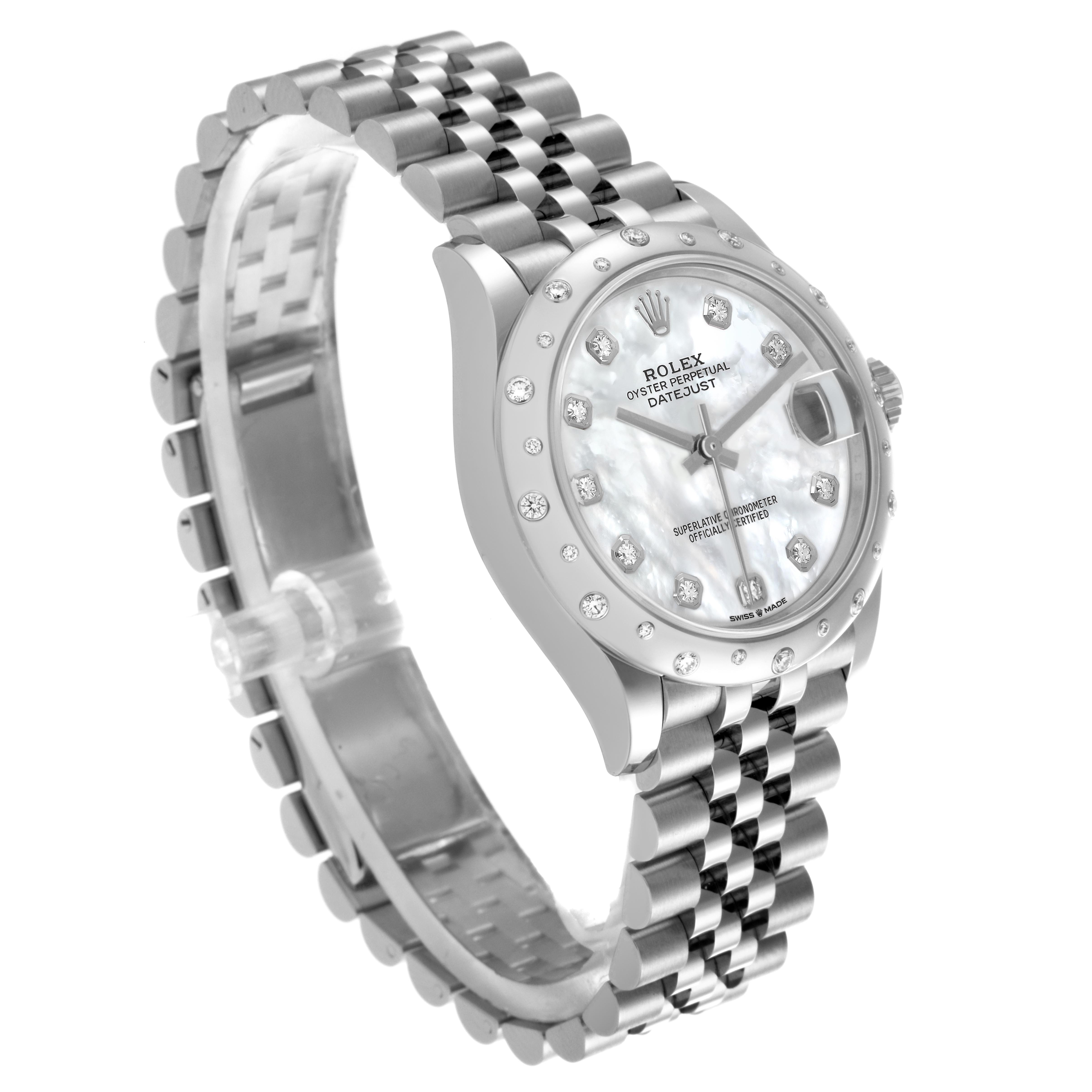 The Rolex Datejust watch is shown at a three-quarter angle, highlighting the face, bezel, and jubilee bracelet.