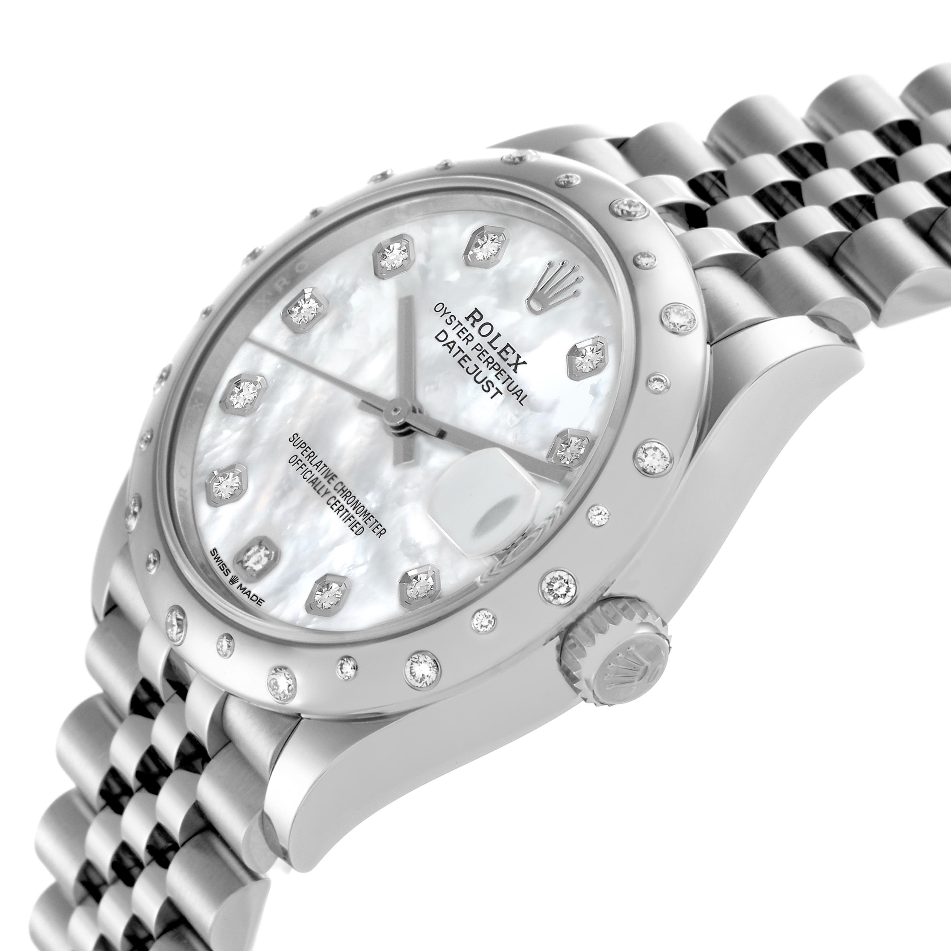 The Rolex Datejust watch is shown at a tilted angle, highlighting its dial, bezel, crown, and part of the bracelet.