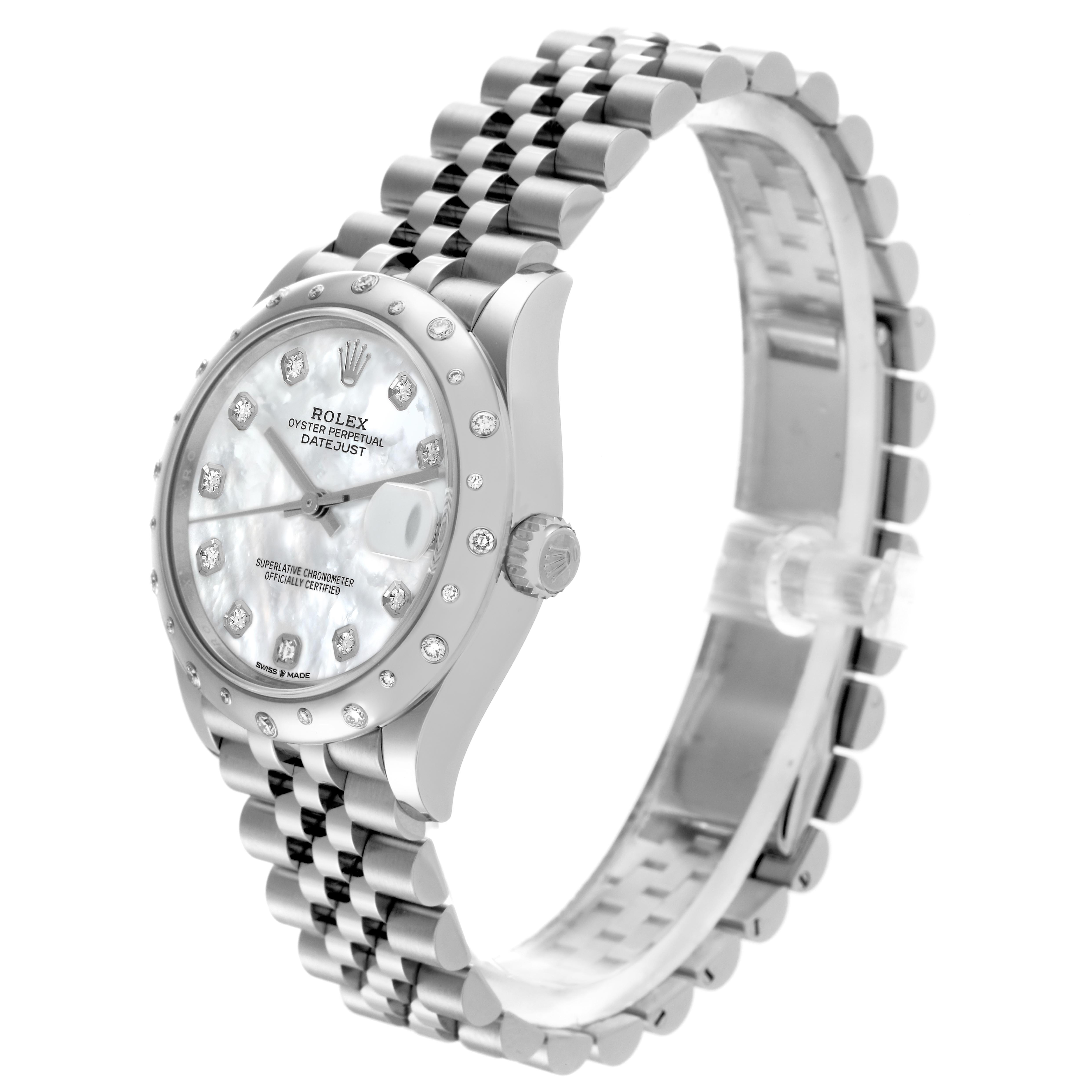 The Rolex Datejust watch is shown at a slight side angle, displaying the face, bezel, and bracelet.