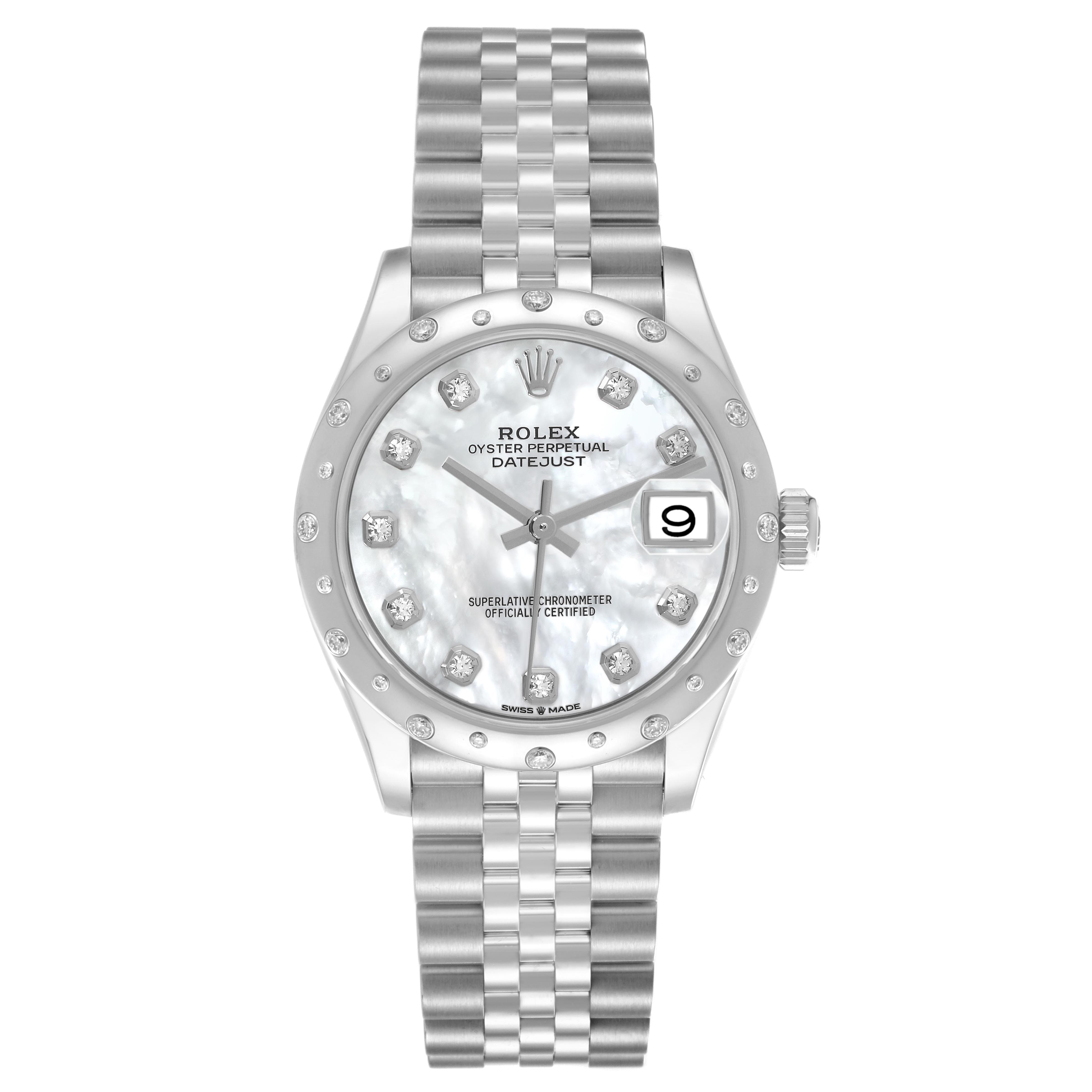 The Rolex Datejust watch is shown from a front angle, displaying the face, bezel, and bracelet.