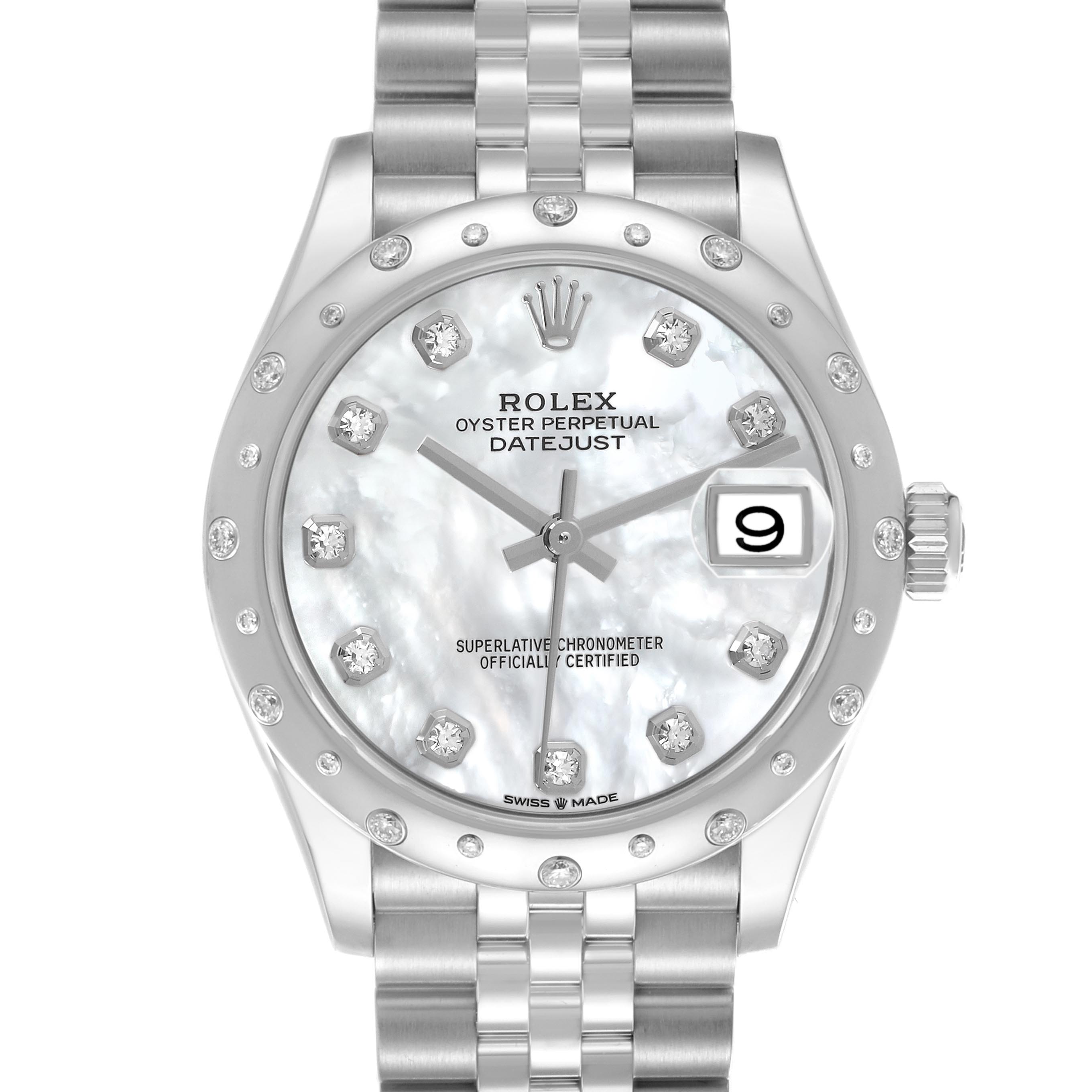 The Rolex Datejust watch is shown from the front, highlighting its dial, bezel, and partial bracelet.