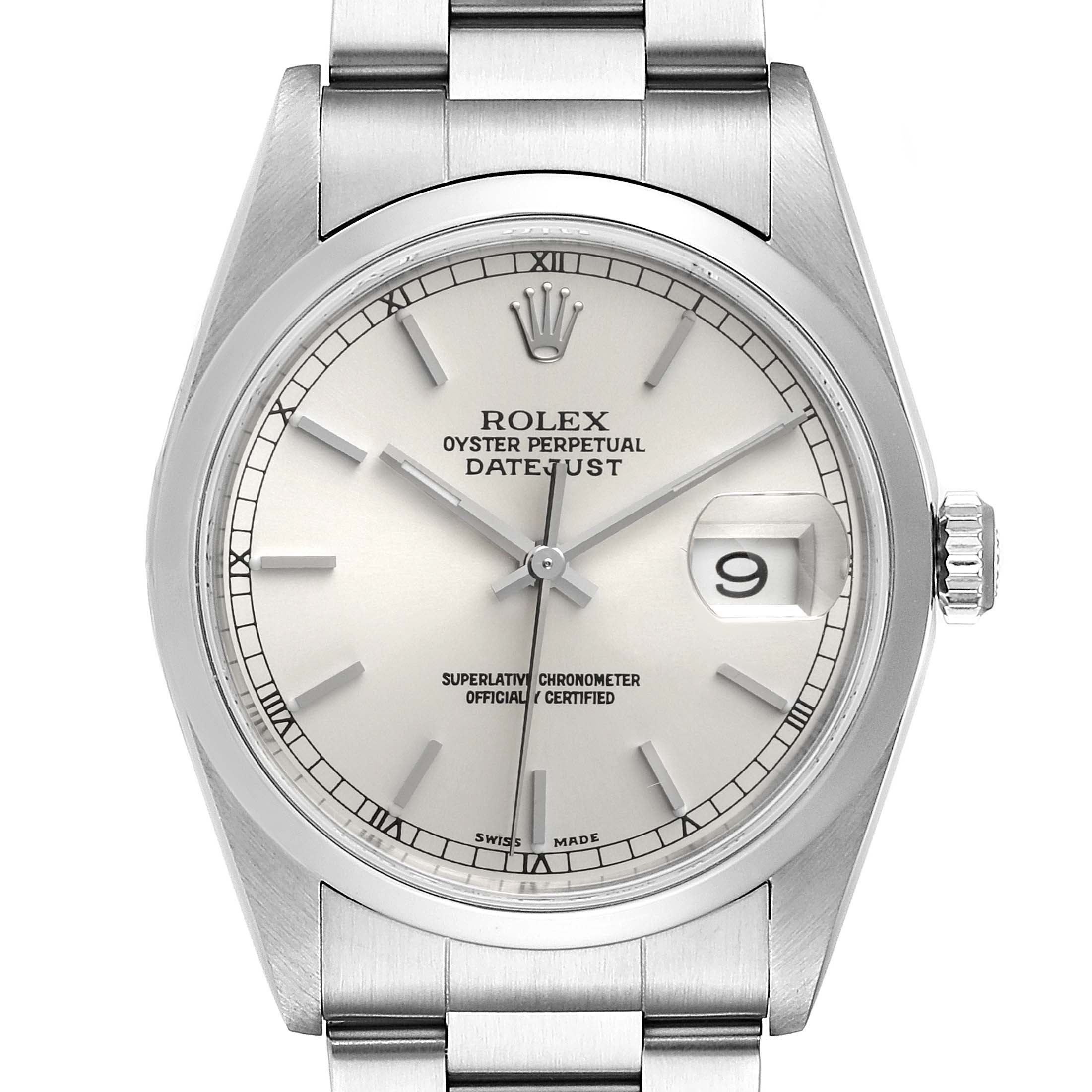 This image shows a frontal view of a Rolex Datejust 16200 Men's Stainless Steel Silver Dial 16200 Men's Stainless Steel Silver Dial, highlighting its dial, bezel, crown, and part of the bracelet.
