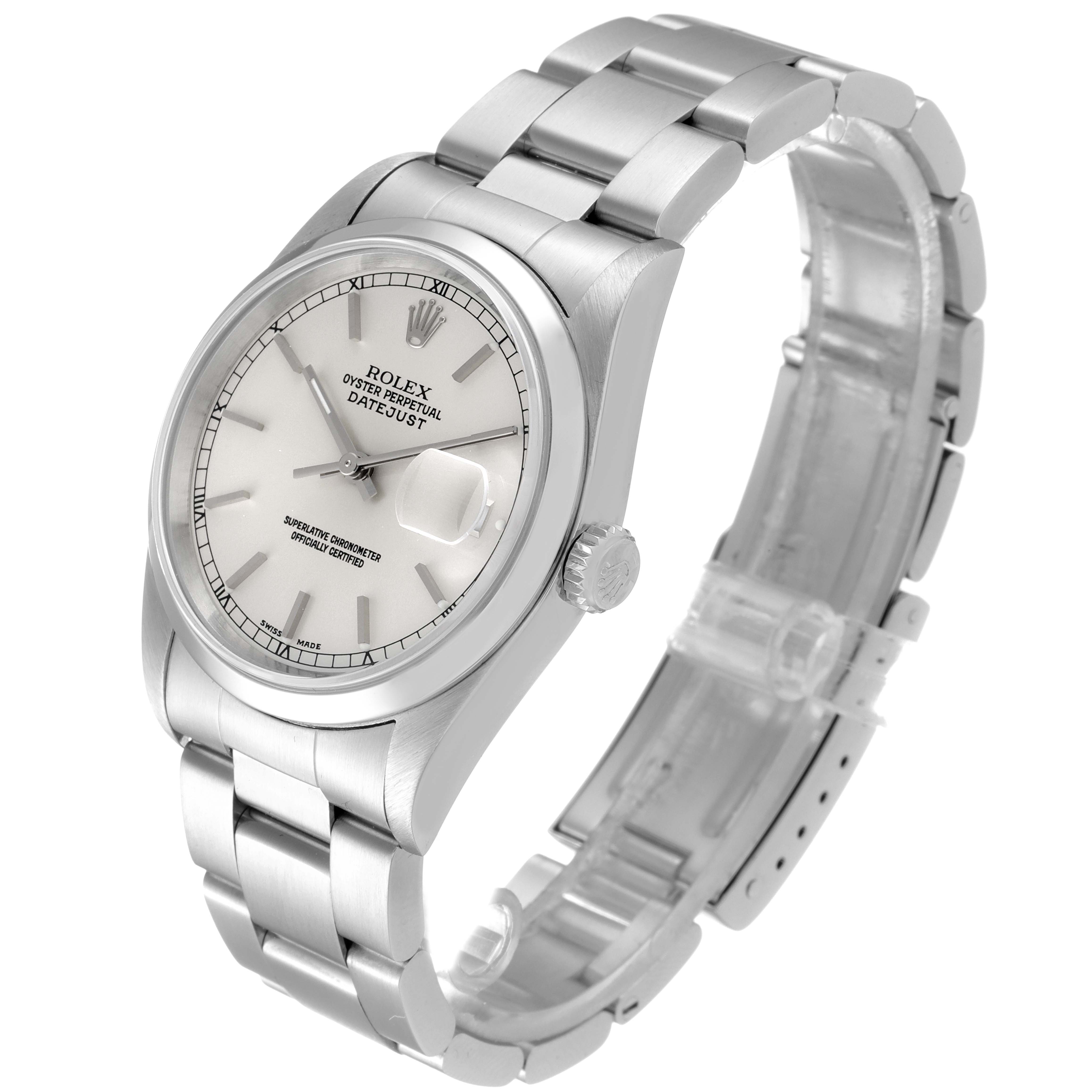 The image shows a Rolex Datejust 16200 Men's Stainless Steel Silver Dial 16200 Men's Stainless Steel Silver Dial watch at an angled side view, highlighting the dial, bezel, crown, and bracelet.