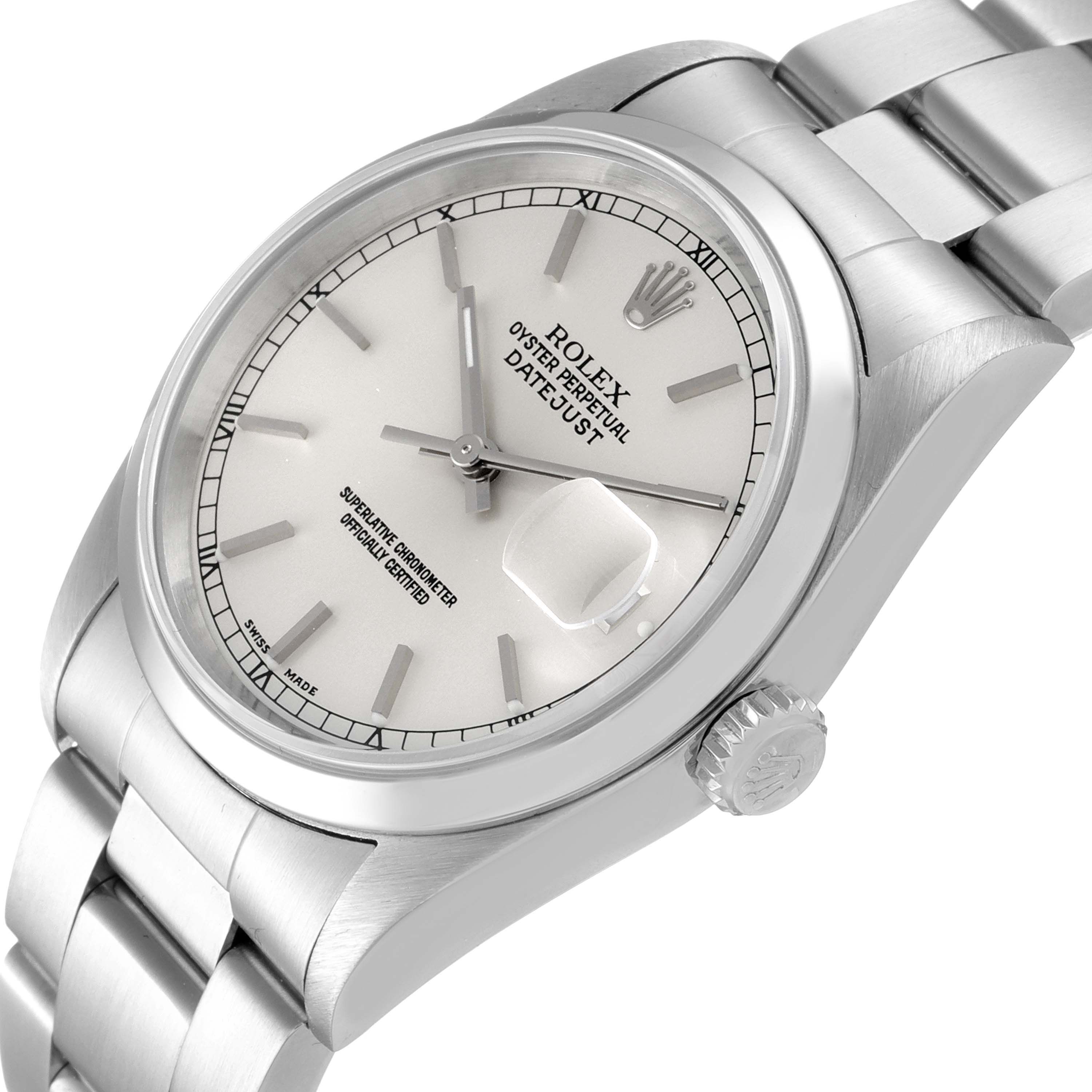 This Rolex Datejust 16200 Men's Stainless Steel Silver Dial 16200 Men's Stainless Steel Silver Dial watch is shown from an angled view, displaying its dial, crown, and part of the bracelet.
