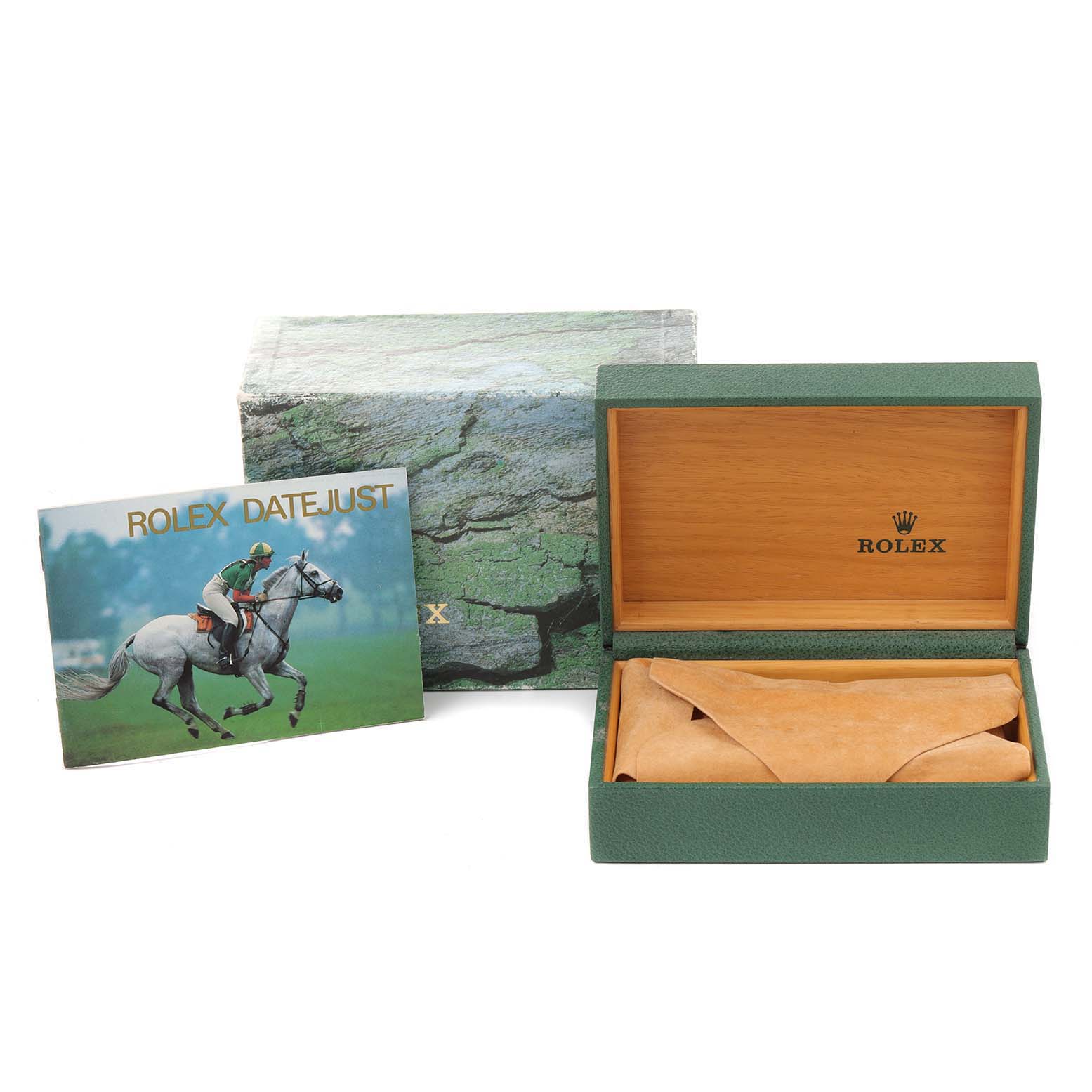 The image shows the packaging, including the outer box, case, and booklet, for the Rolex Datejust 16200 Men's Stainless Steel Silver Dial 16200 Men's Stainless Steel Silver Dial model.