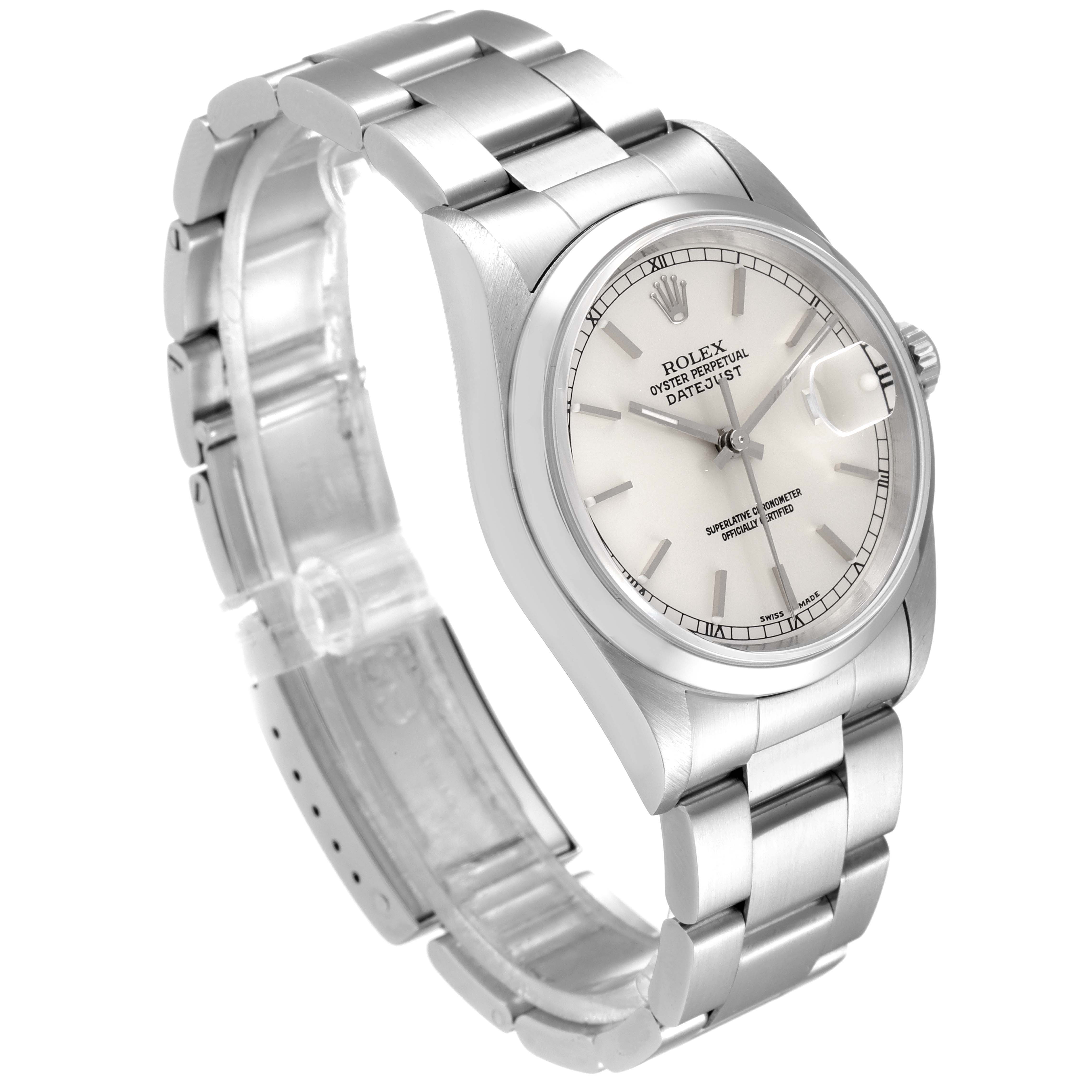 The image shows a close-up, angled view of a Rolex Datejust 16200 Men's Stainless Steel Silver Dial 16200 Men's Stainless Steel Silver Dial watch, highlighting its face, bezel, and band.