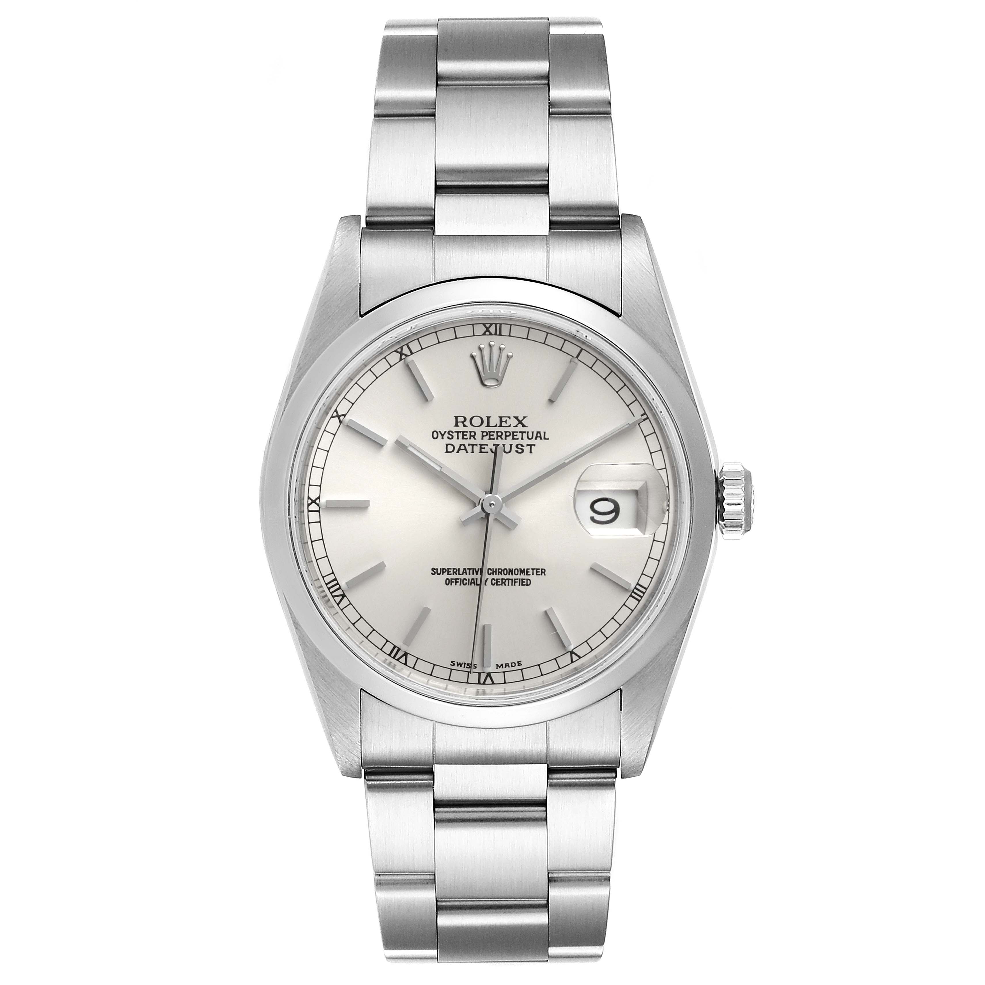 The image shows a front view of the Rolex Datejust 16200 Men's Stainless Steel Silver Dial 16200 Men's Stainless Steel Silver Dial watch, highlighting the dial, bracelet, and bezel.