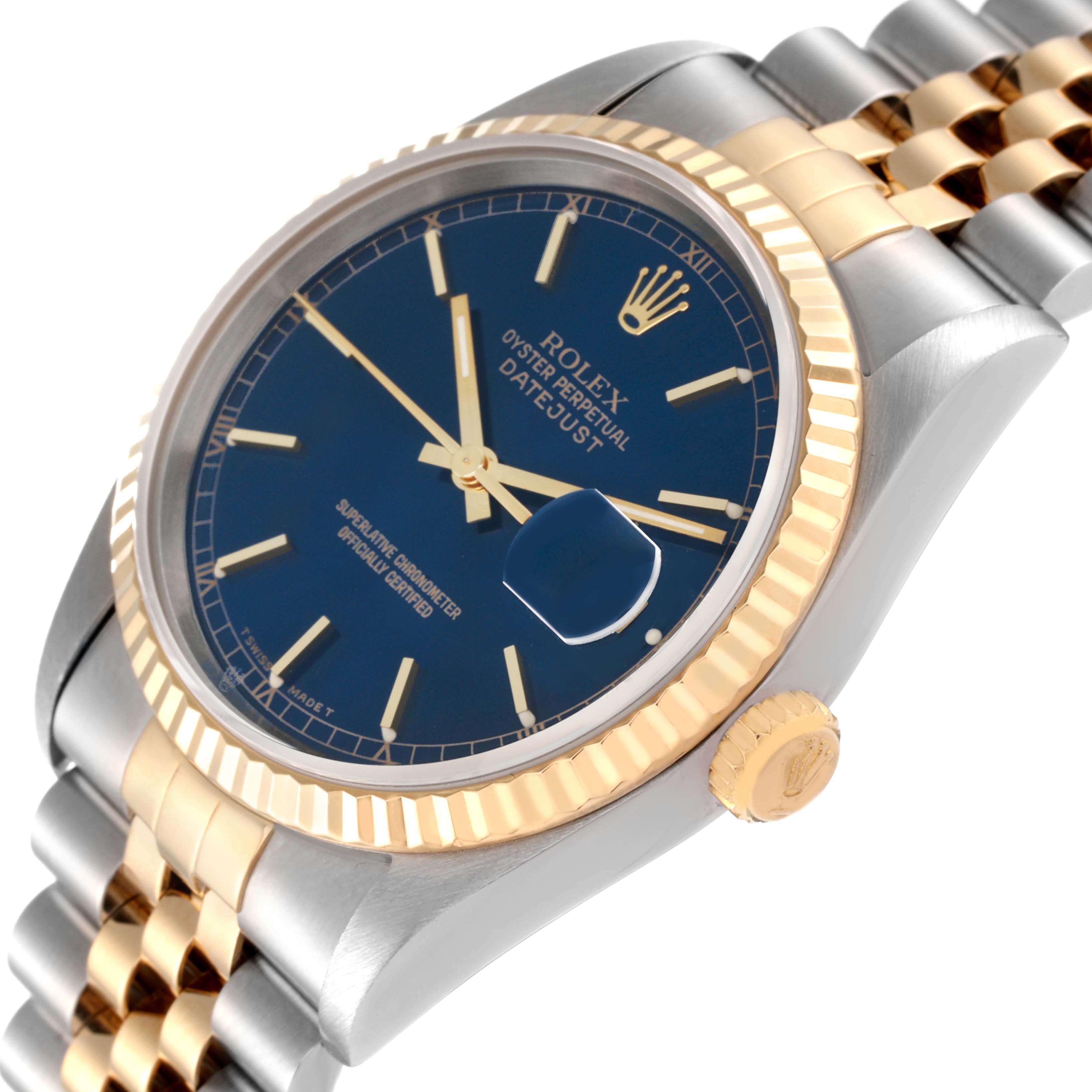 The image shows a close-up, side angle of the Rolex Datejust 16233 Men's Steel and Gold (two tone) Blue Dial 16233 Men's Steel and Gold (two tone) Blue Dial watch, highlighting the face, bezel, crown, and part of the bracelet.