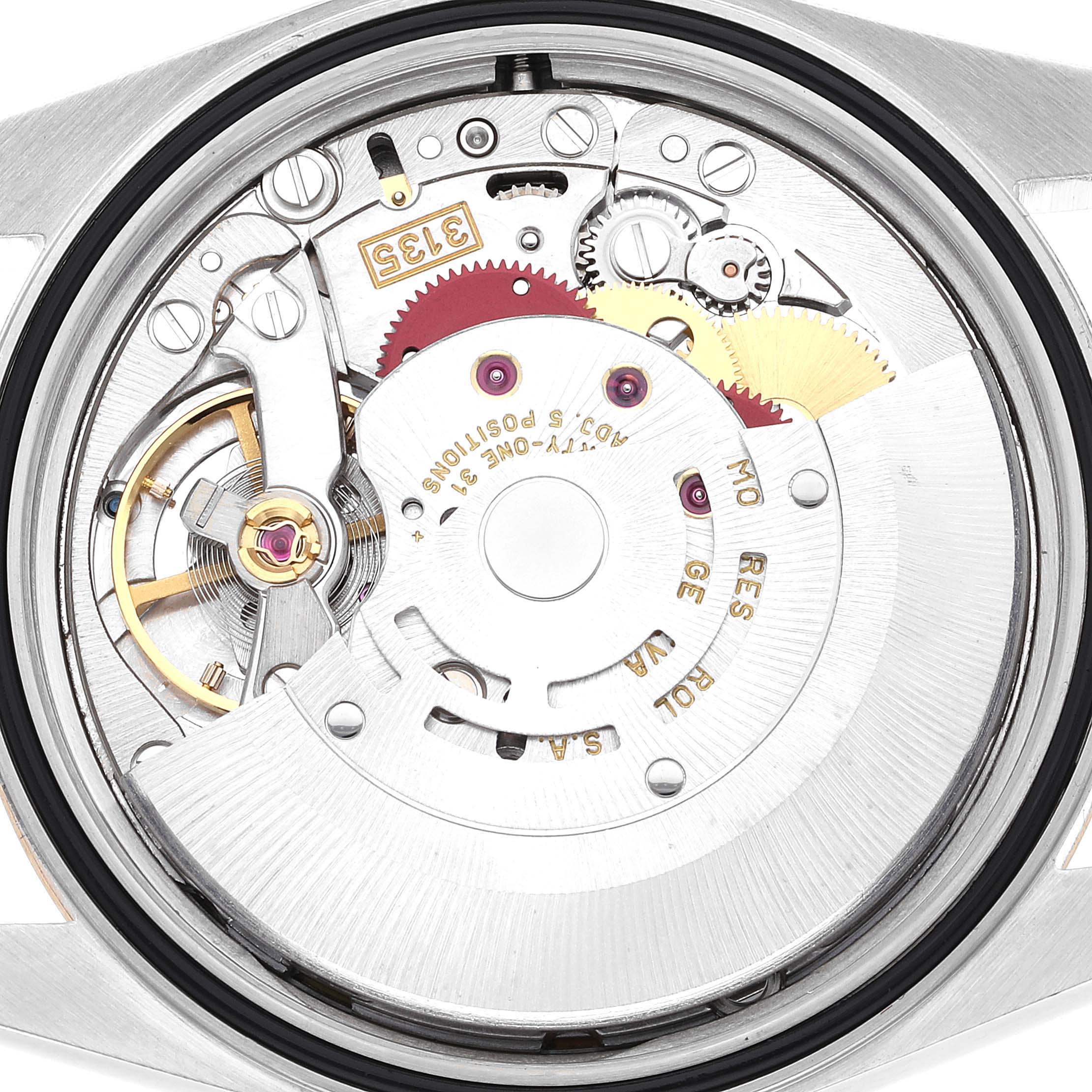 The image shows the movement mechanism of a Rolex Datejust 16233 Men's Steel and Gold (two tone) Blue Dial 16233 Men's Steel and Gold (two tone) Blue Dial watch, viewed from the back.