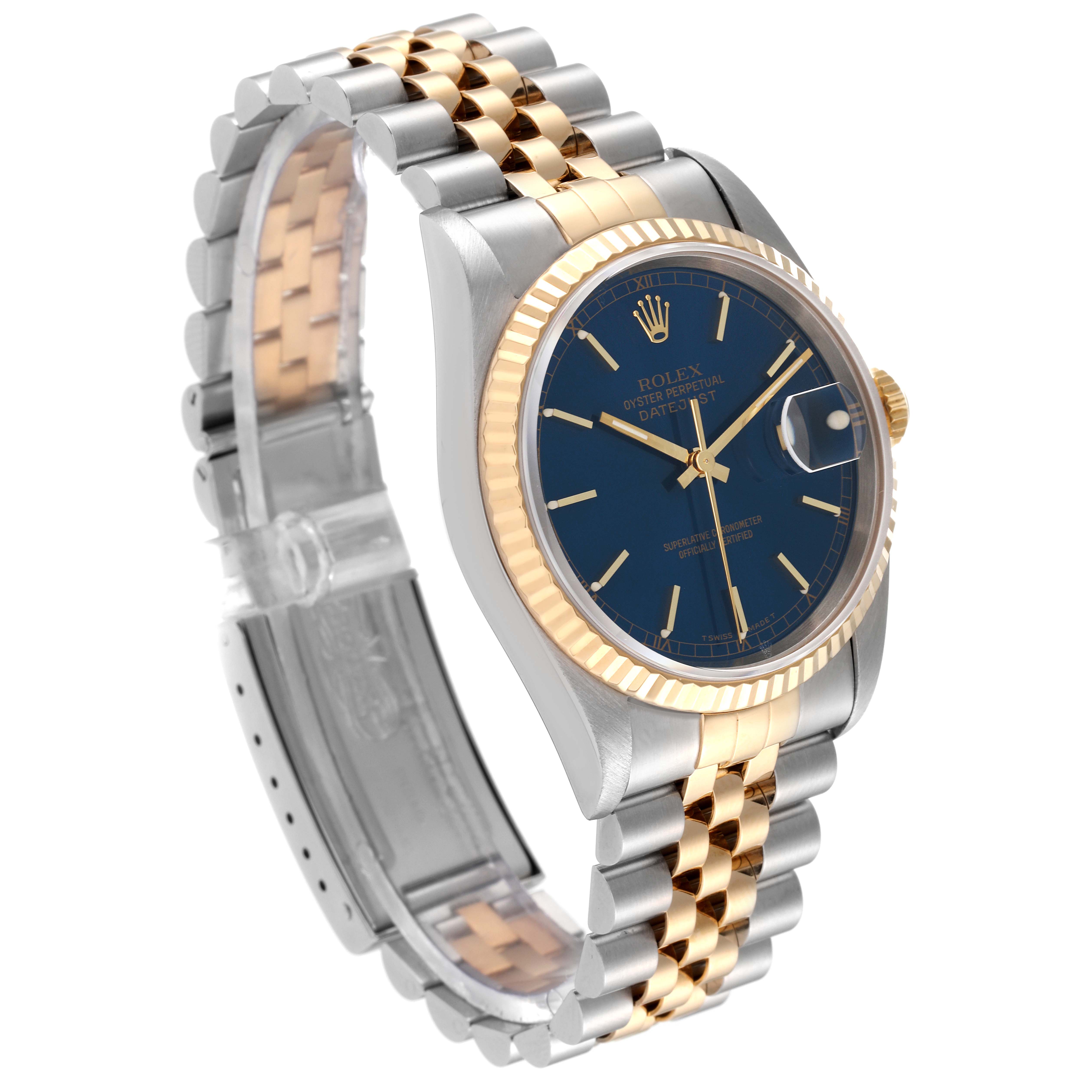This image shows the front and side view of a Rolex Datejust 16233 Men's Steel and Gold (two tone) Blue Dial 16233 Men's Steel and Gold (two tone) Blue Dial watch, highlighting its face, bezel, and two-tone bracelet.