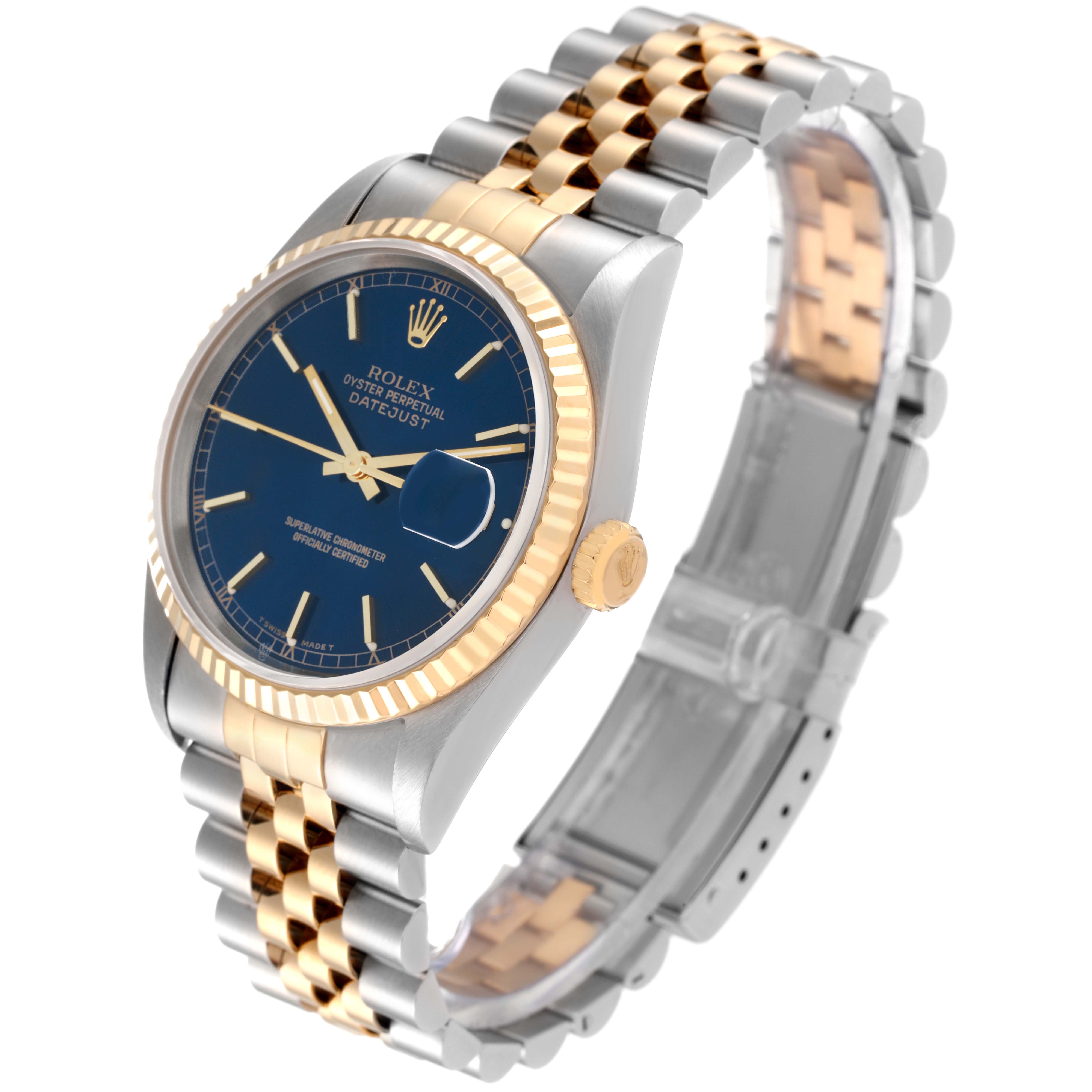 The Rolex Datejust 16233 Men's Steel and Gold (two tone) Blue Dial 16233 Men's Steel and Gold (two tone) Blue Dial watch is shown from an angled side view, displaying the face, bezel, crown, and bracelet.