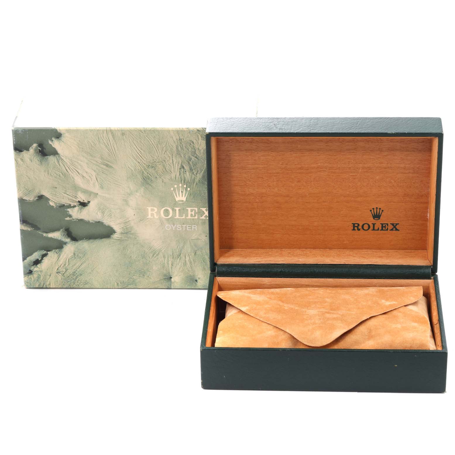 This image shows the box and pouch for a Rolex Datejust 16233 Men's Steel and Gold (two tone) Blue Dial 16233 Men's Steel and Gold (two tone) Blue Dial watch, with the box open and the outer sleeve visible.