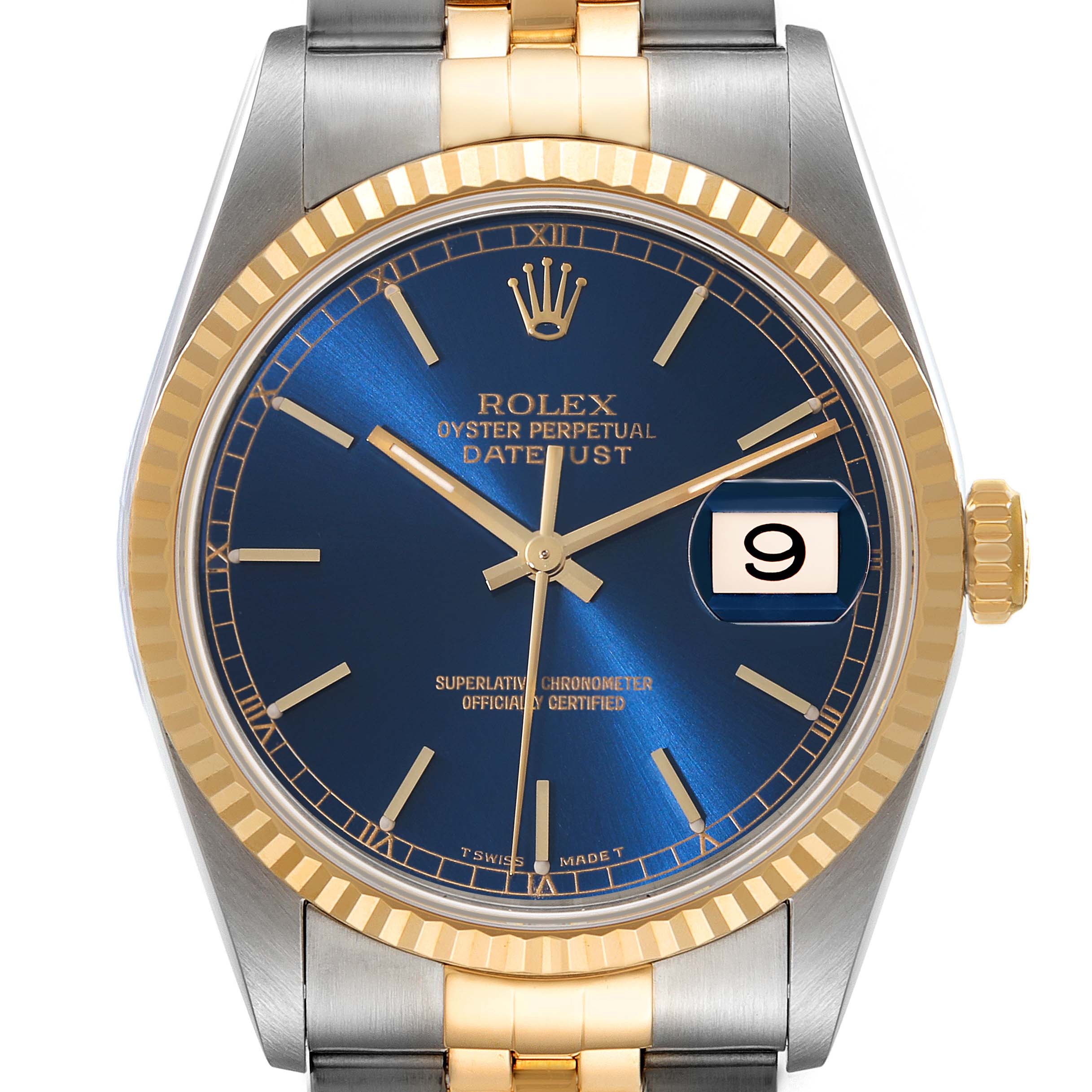 The Rolex Datejust 16233 Men's Steel and Gold (two tone) Blue Dial 16233 Men's Steel and Gold (two tone) Blue Dial watch is shown from a front angle, highlighting the blue dial, gold fluted bezel, and two-tone bracelet.